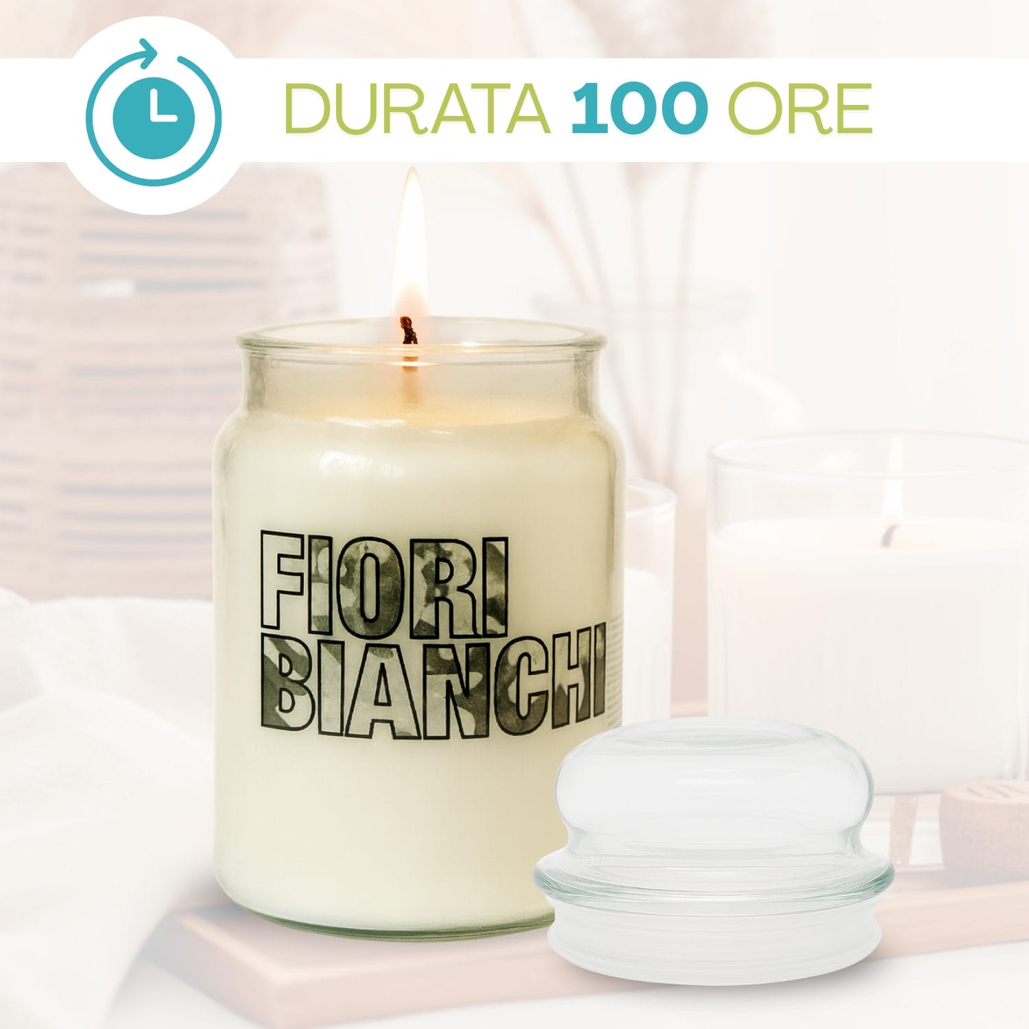Candela profumata Fiori Bianchi in vetro con durata 100 ore e coperchio