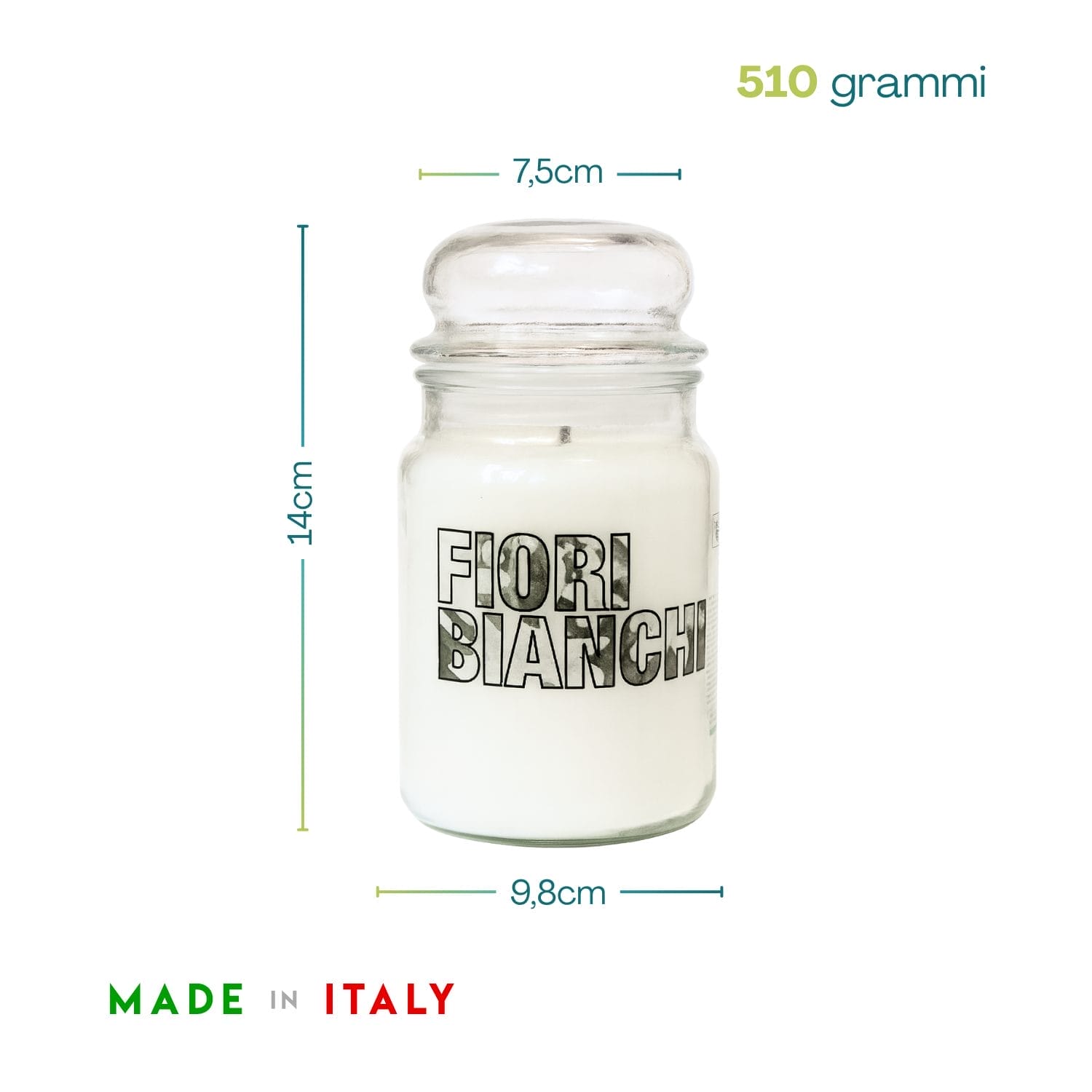Candela Fiori Bianchi in vetro con tappo ermetico da 510 grammi e misure 14x9,8 cm