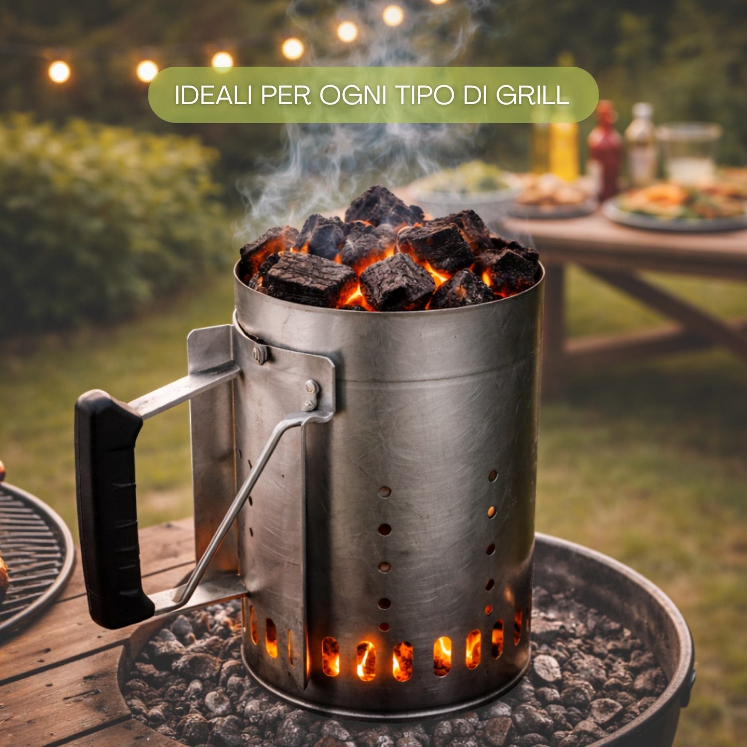 Carbone vegetale acceso in ciminiera per barbecue