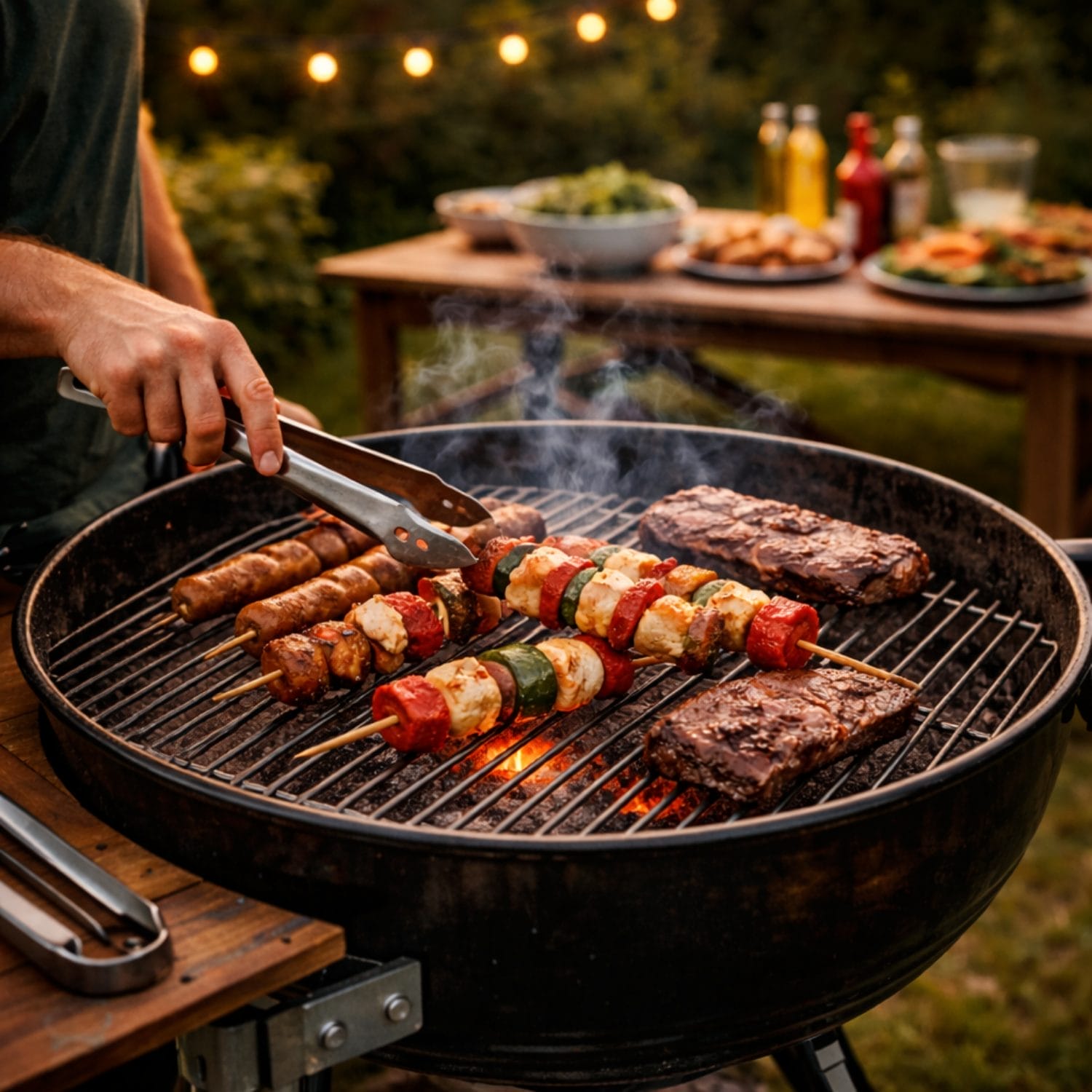 Grill acceso con carbone vegetale di legna durante una grigliata all’aperto