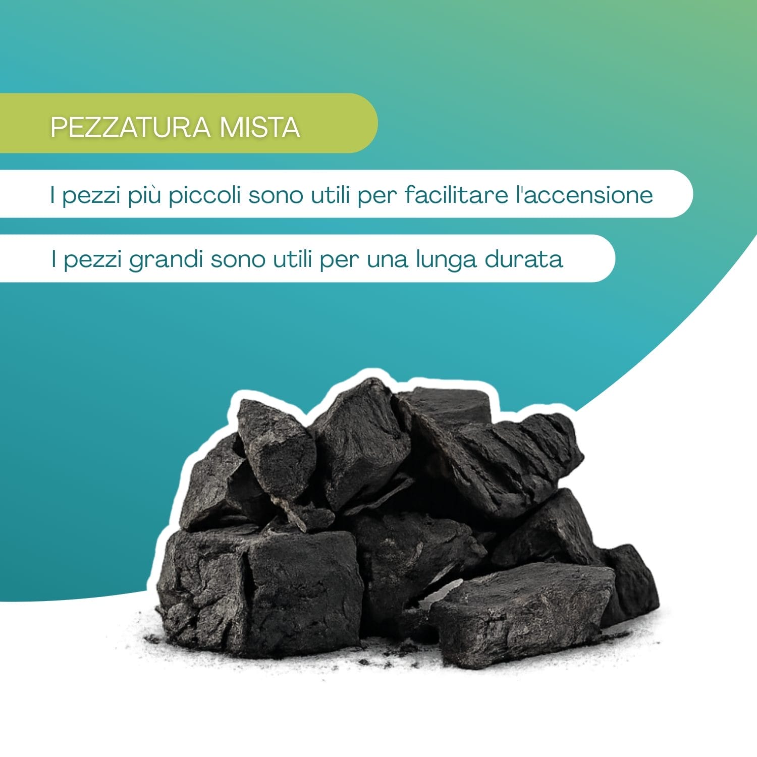 Carbone vegetale di legna con pezzatura mista per accensione e lunga durata