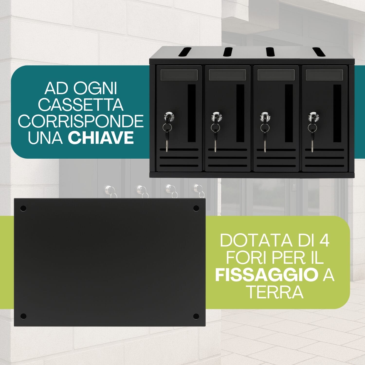 Cassetta postale 4 posti con chiavi e piastra posteriore a 4 fori per fissaggio