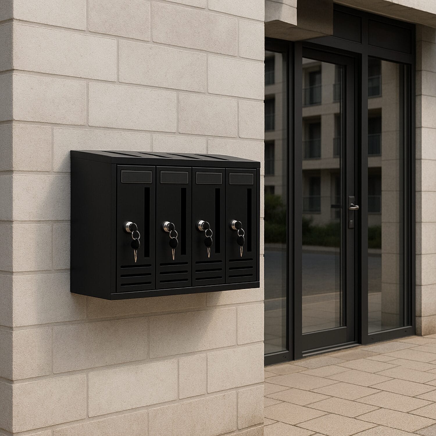 Cassetta postale nera 4 scomparti fissata al muro esterno di condominio moderno
