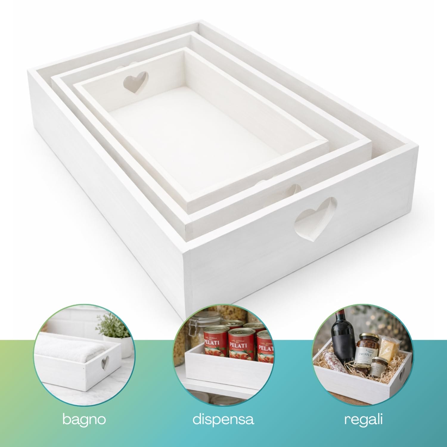 Set cassette legno bianco impilabili per dispensa bagno e decorazione