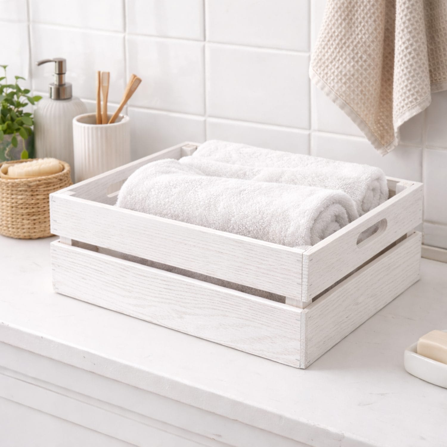 Cassette in legno bianco per bagno con asciugamani organizer casa