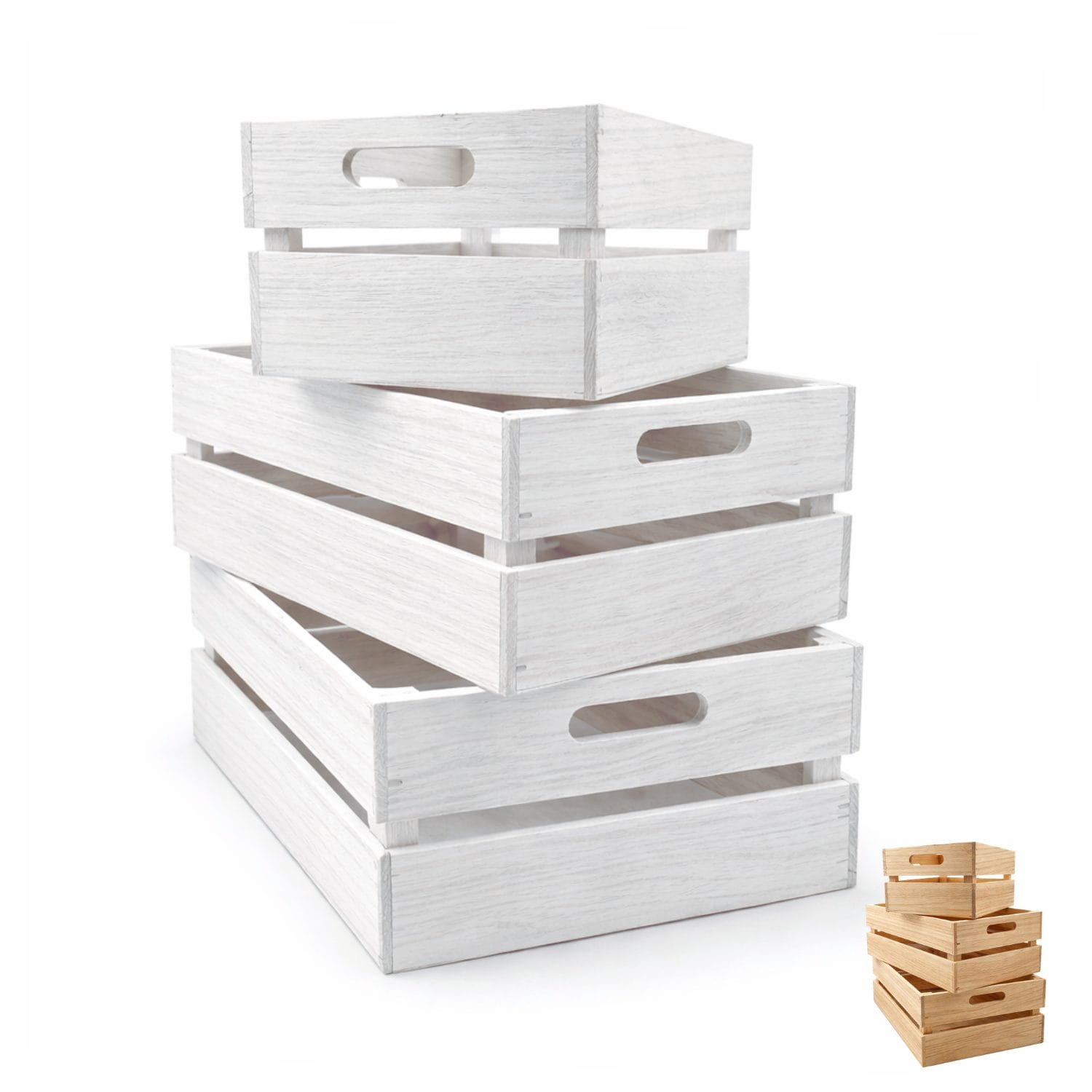 Set cassette in legno naturale bianco verniciato con maniglie laterali