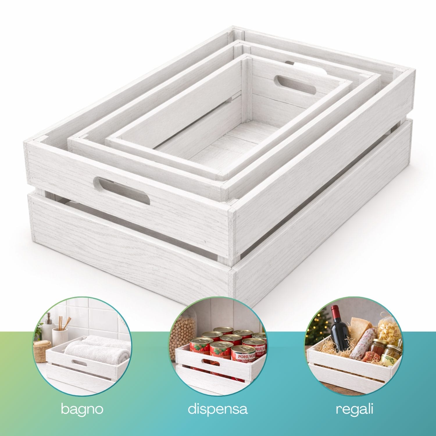 Set cassette legno bianco impilabili per dispensa bagno e decorazione