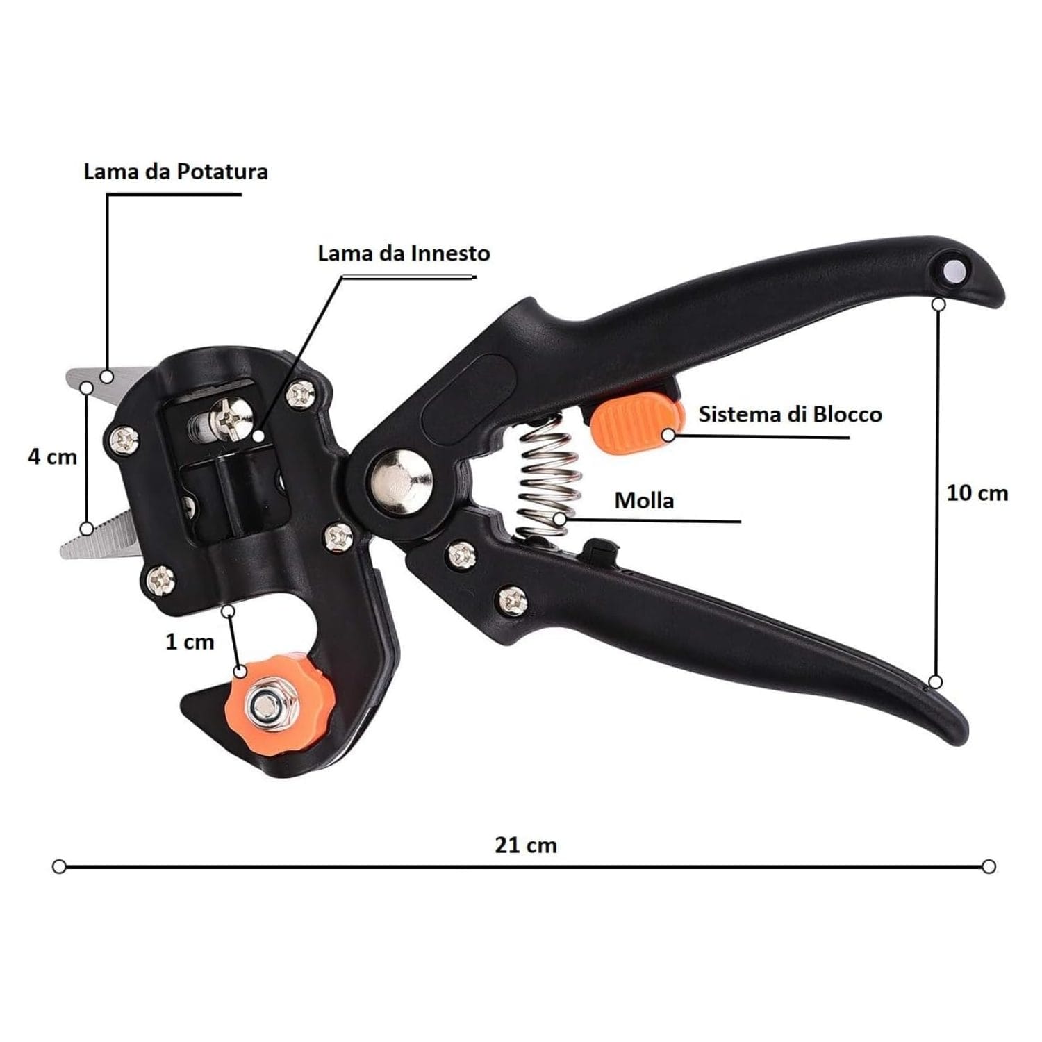 Cesoia da innesto 21 cm con lame di potatura e dettagli tecnici delle dimensioni