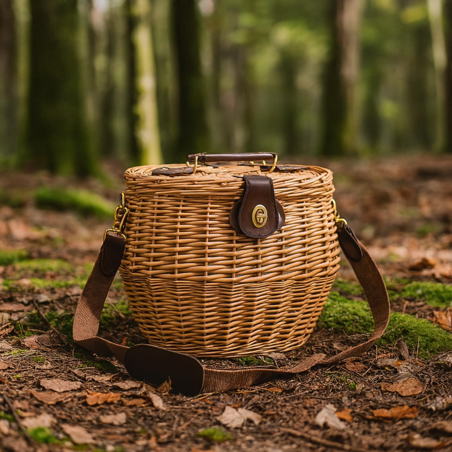 Cesto funghi in vimini intrecciato con tracolla e chiusura in pelle per raccolta bosco