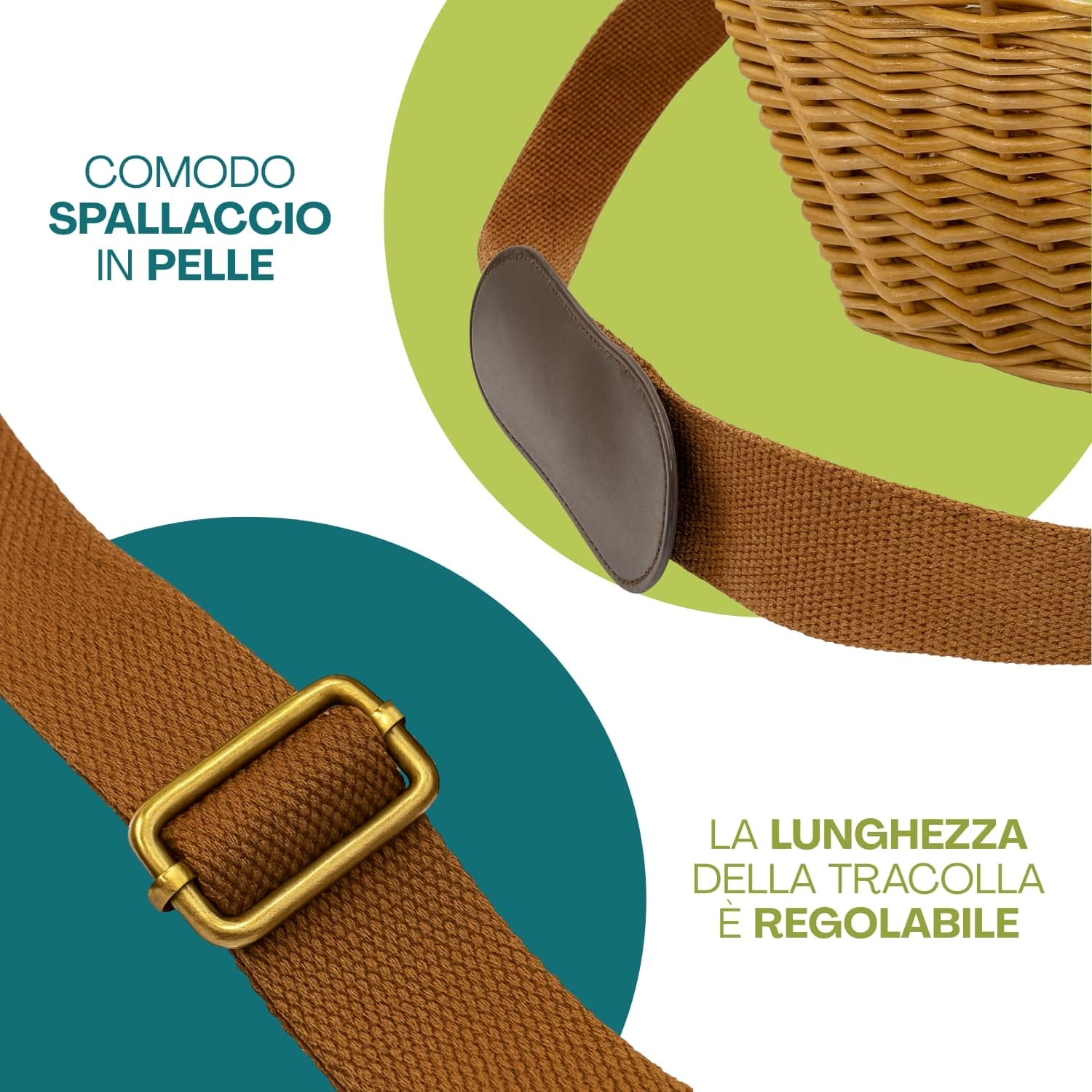 Tracolla regolabile con spallaccio in pelle del cesto in vimini per raccolta funghi