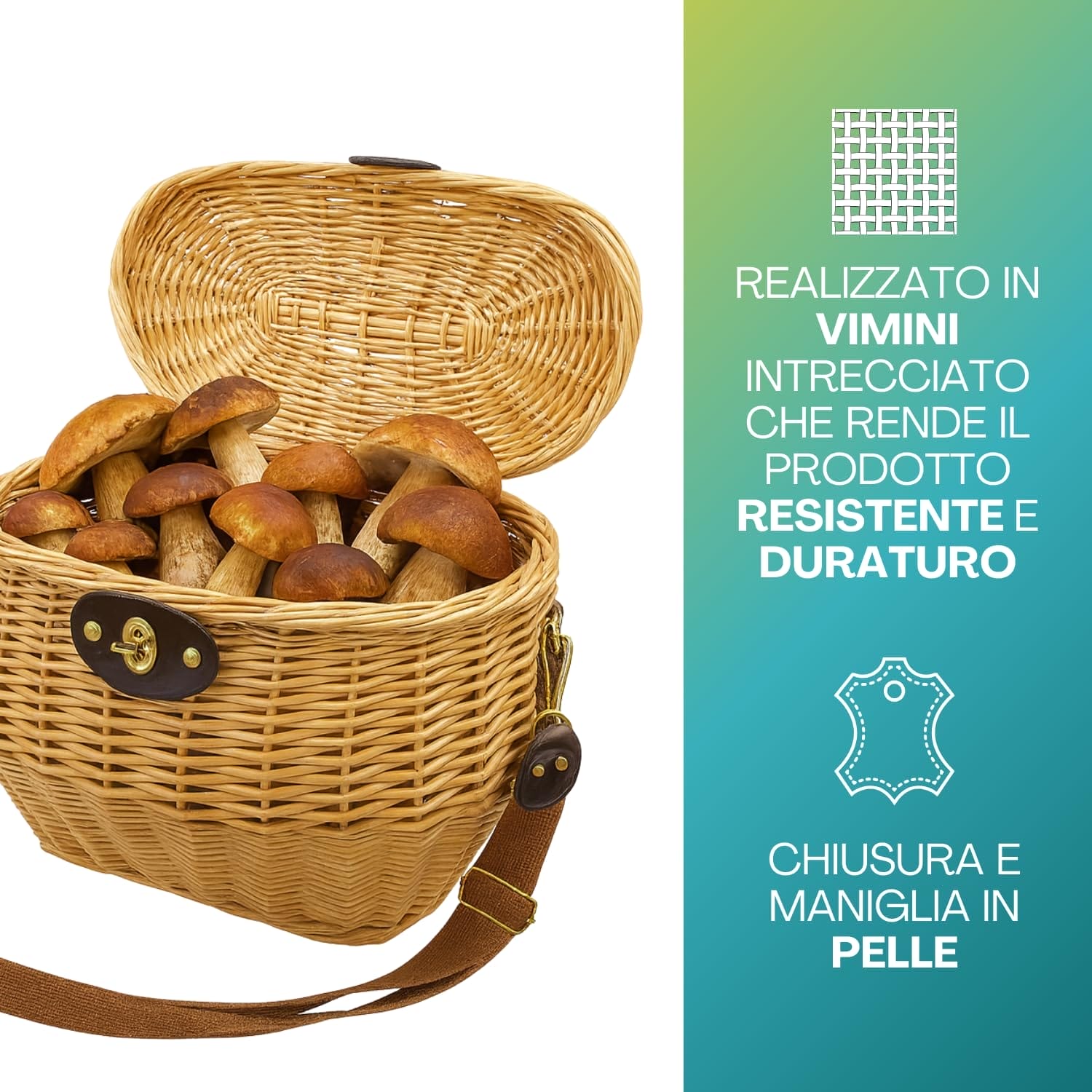 Cesto vimini intrecciato per funghi con chiusura in pelle resistente e manico robusto
