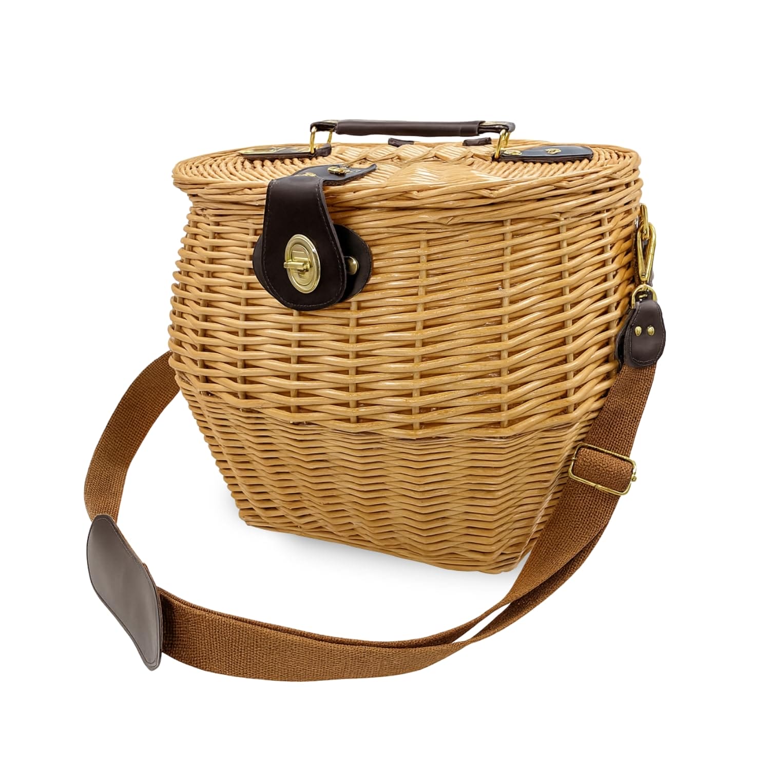 Cesto in vimini con tracolla e chiusura in pelle ideale per raccolta funghi e castagne