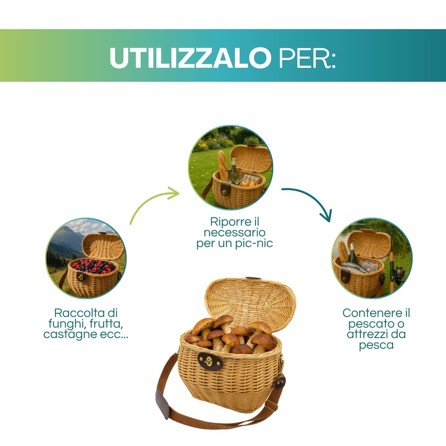 Cesto vimini multiuso per funghi pic-nic frutta castagne o attrezzi da pesca