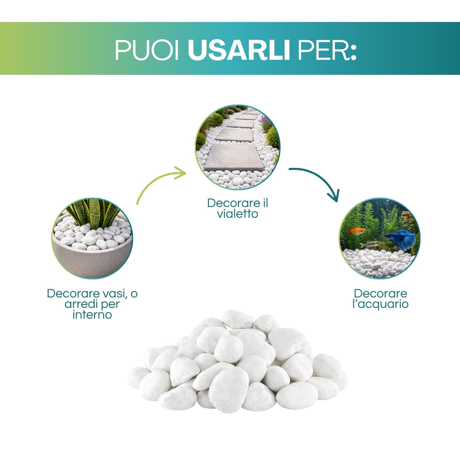 Ciottoli bianchi decorativi per vasi, vialetti da giardino e acquari