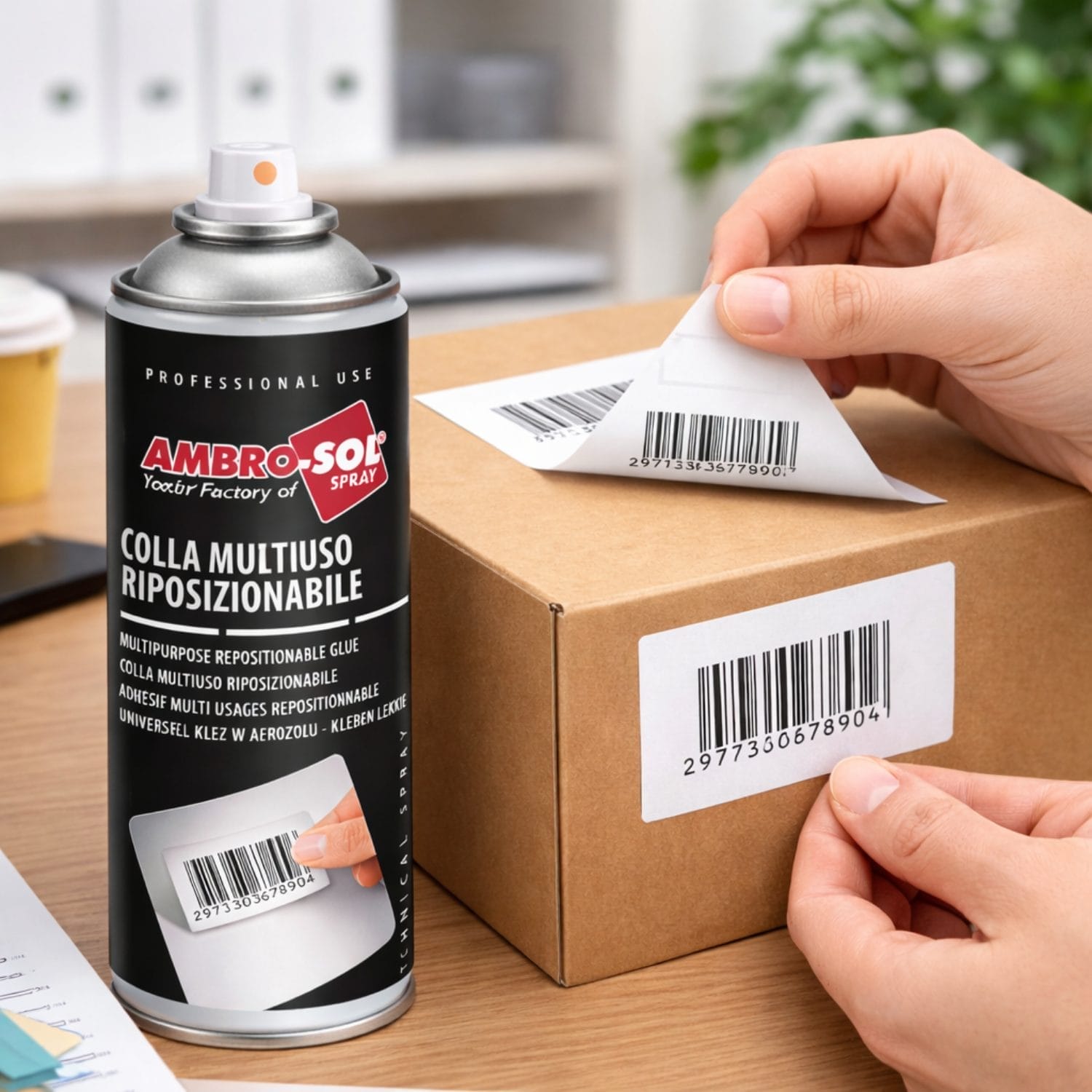 colla spray coreografica Colla spray riposizionabile AMBRO-SOL per etichette su pacchi e superfici