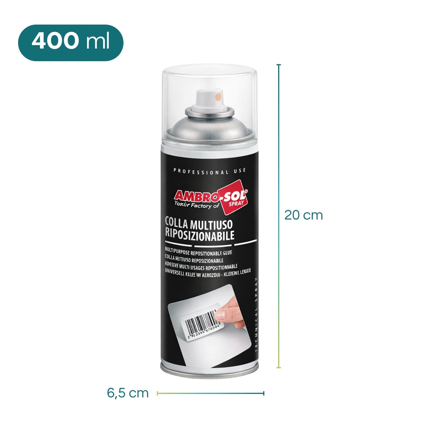 colla spray misure Colla spray AMBRO-SOL 400 ml dimensioni 20 cm x 6,5 cm uso professionale