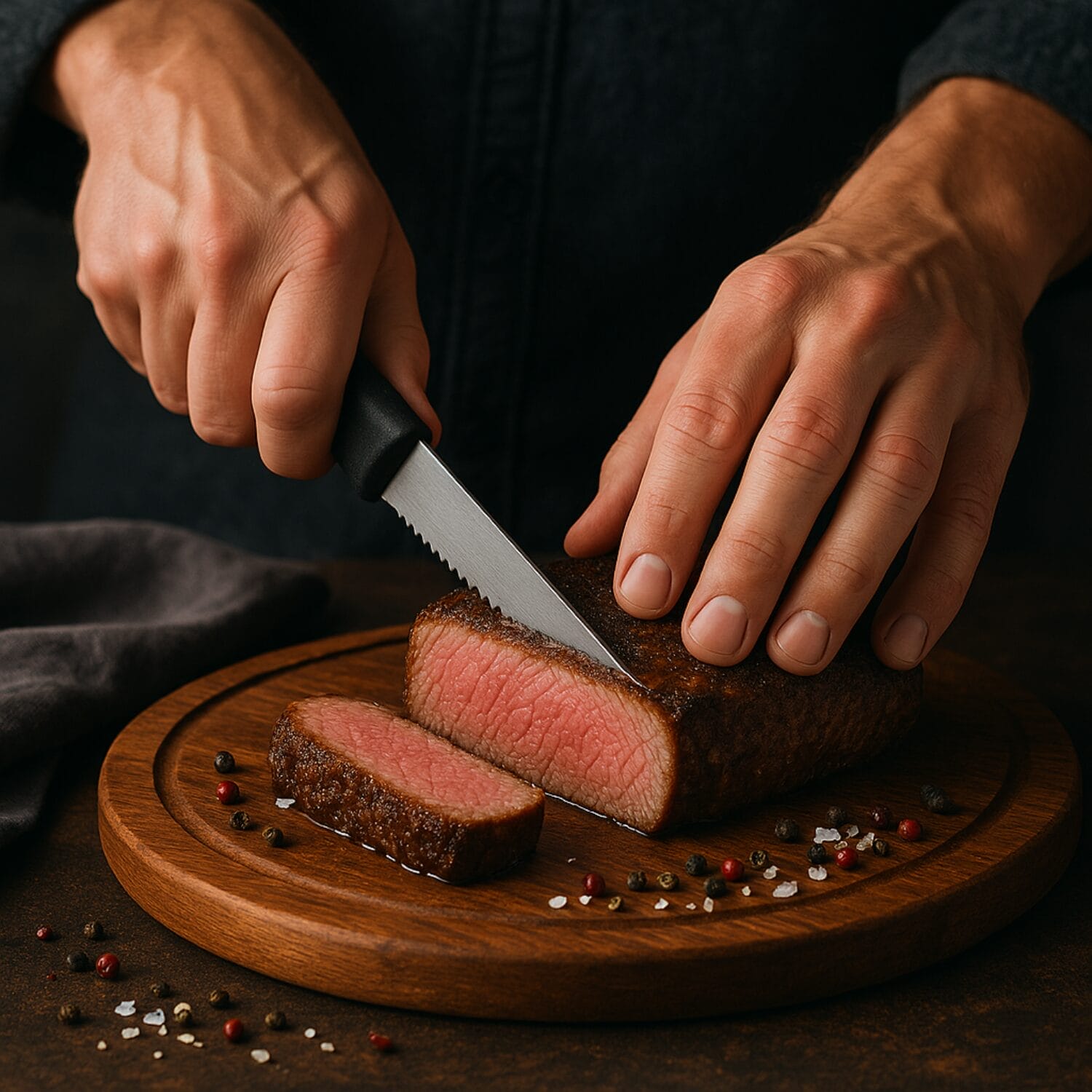 Coltello da carne con lama seghettata in acciaio inox e manico ergonomico nero