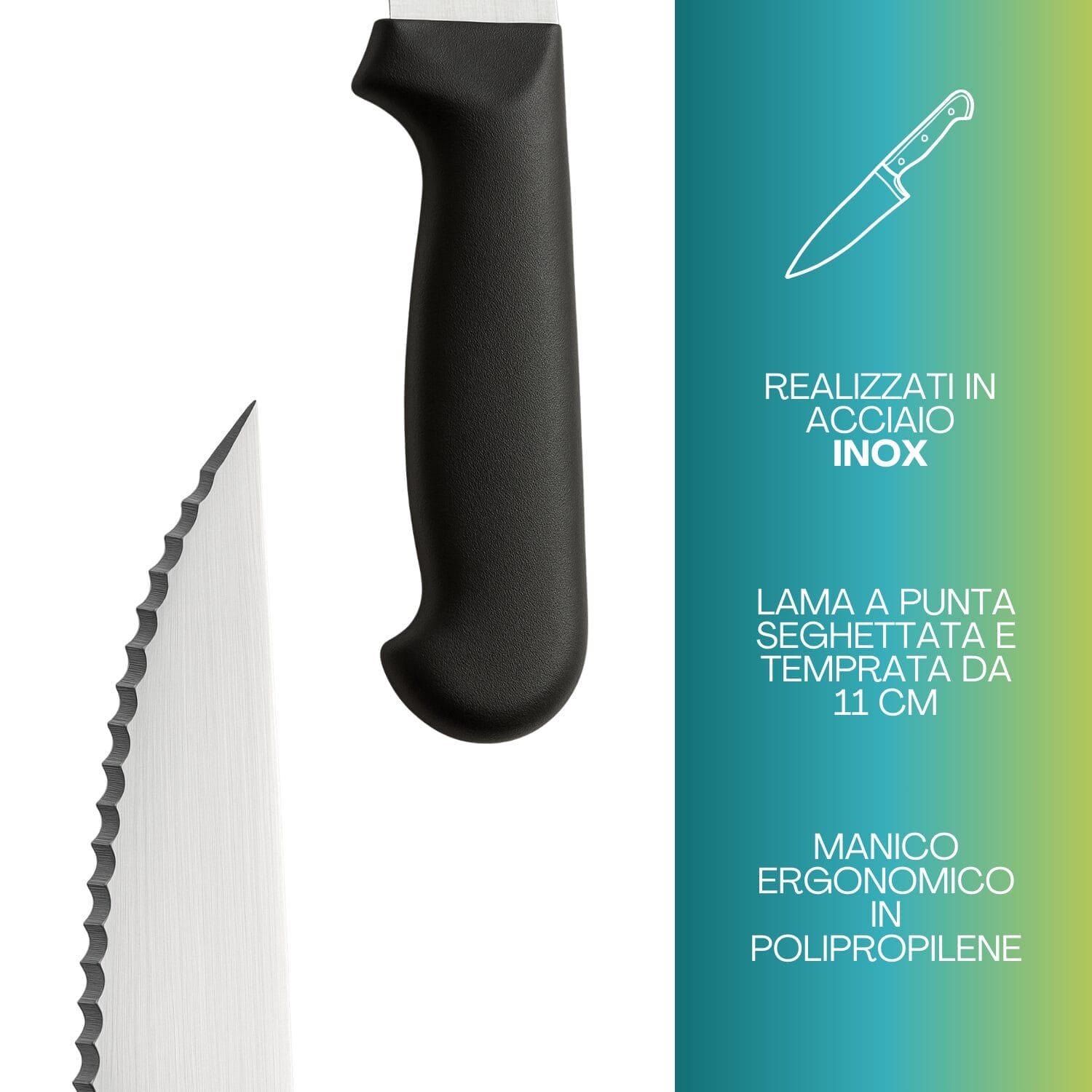 Dettaglio coltello da carne lama seghettata inox 11 cm e manico in polipropilene