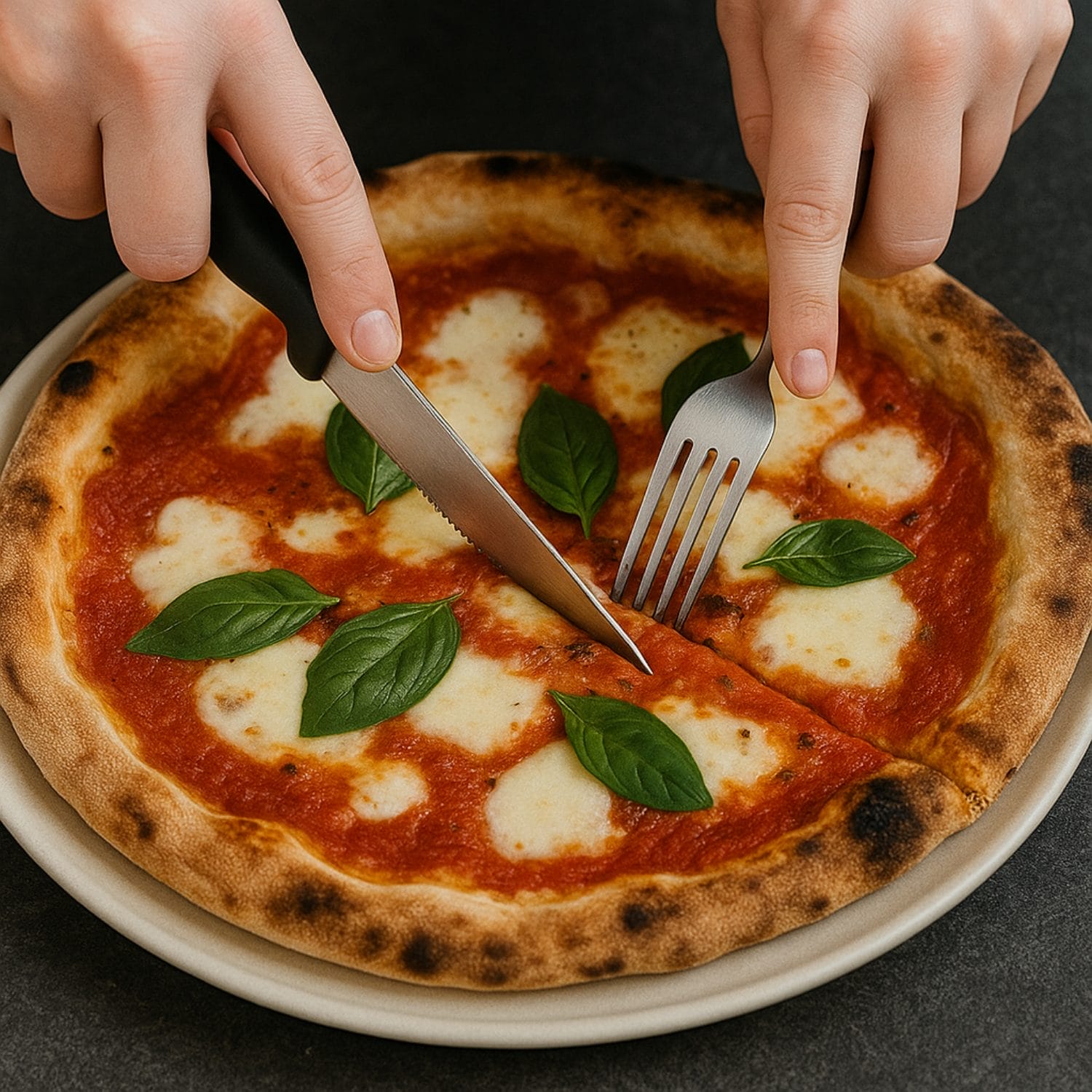 Coltello Paluplus che taglia una pizza margherita su piatto con manico nero ergonomico