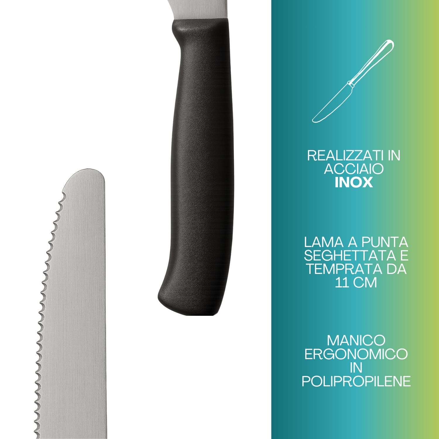 Dettaglio coltello da carne punta tonda con lama seghettata inox e manico nero