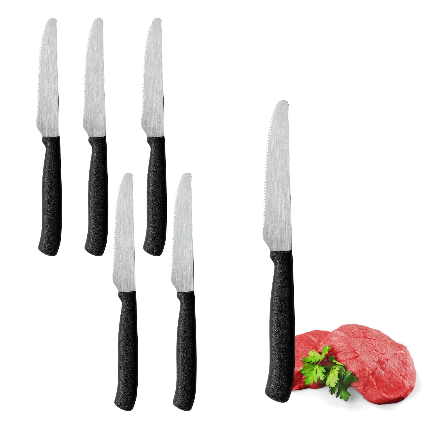 Set 6 coltelli da carne punta tonda con lama seghettata inox e manico nero