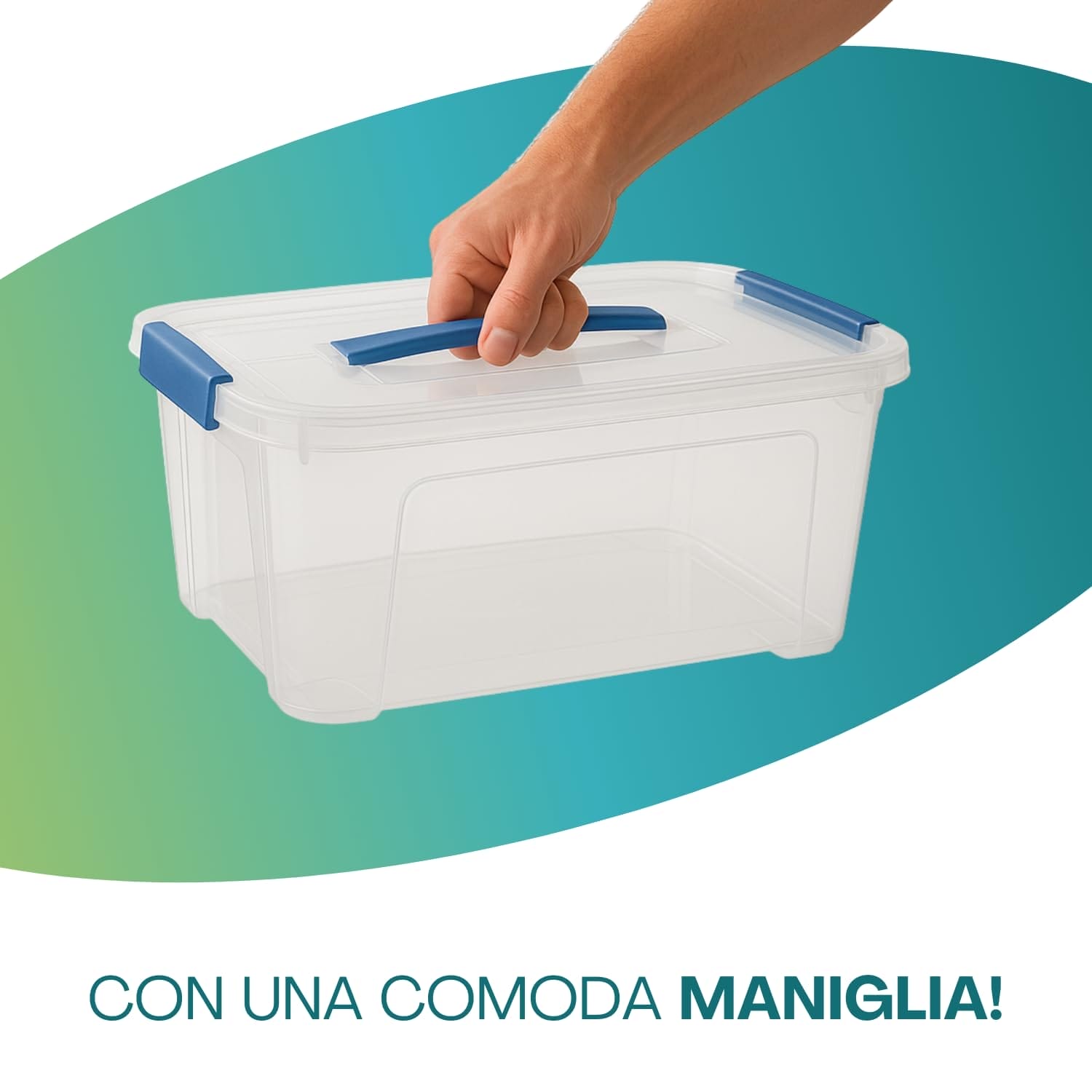 Contenitore 13 litri trasparente con coperchio e maniglia blu resistente