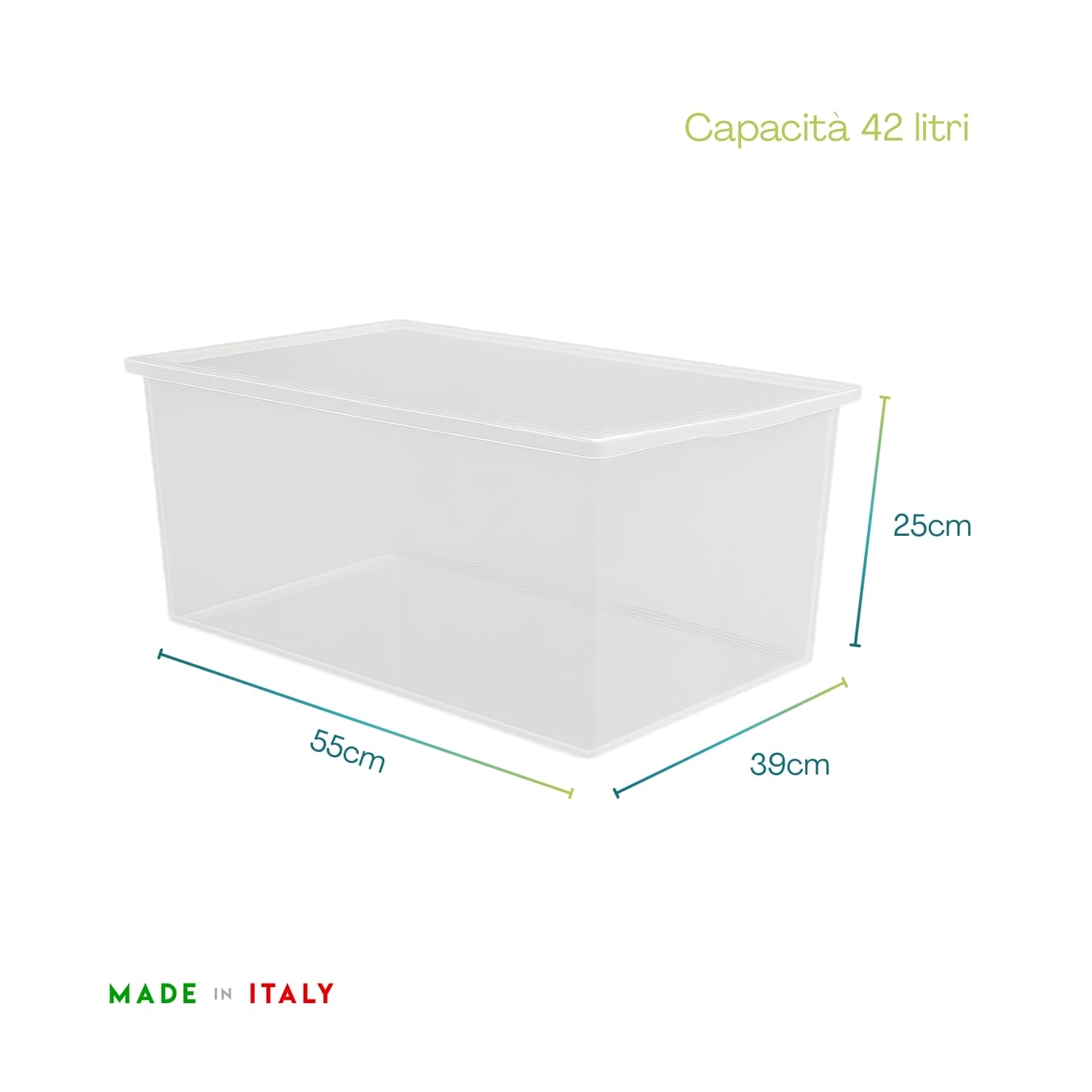Contenitore plastica 42 litri con coperchio, dimensioni 55x39x25 cm Made in Italy