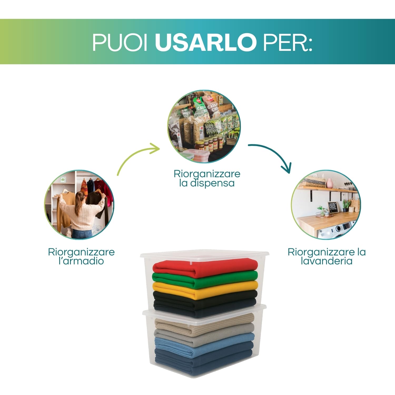 Contenitore plastica 42 litri trasparente per armadio, dispensa e lavanderia