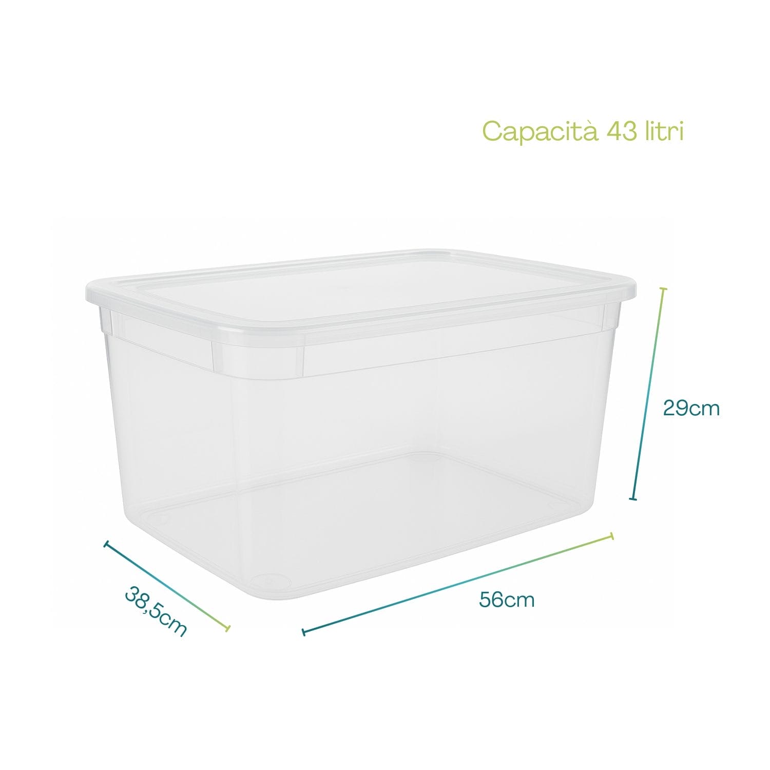 box plastica trasparente 43 litri con coperchio, misure 56x38,5x29 cm