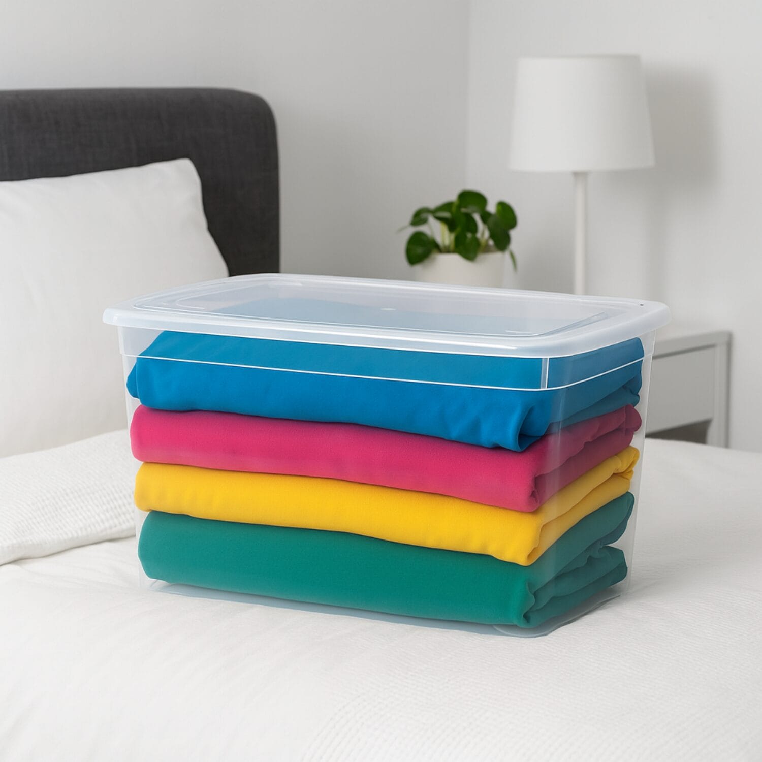 Set contenitori plastica trasparente 43 litri per abiti colorati impilabili