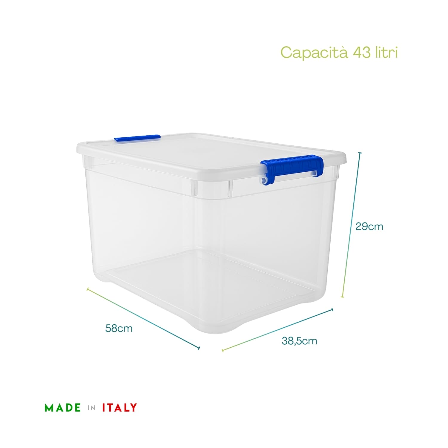 Contenitore salvaspazio 43 litri trasparente con misure 58x38,5x29 cm Made in Italy