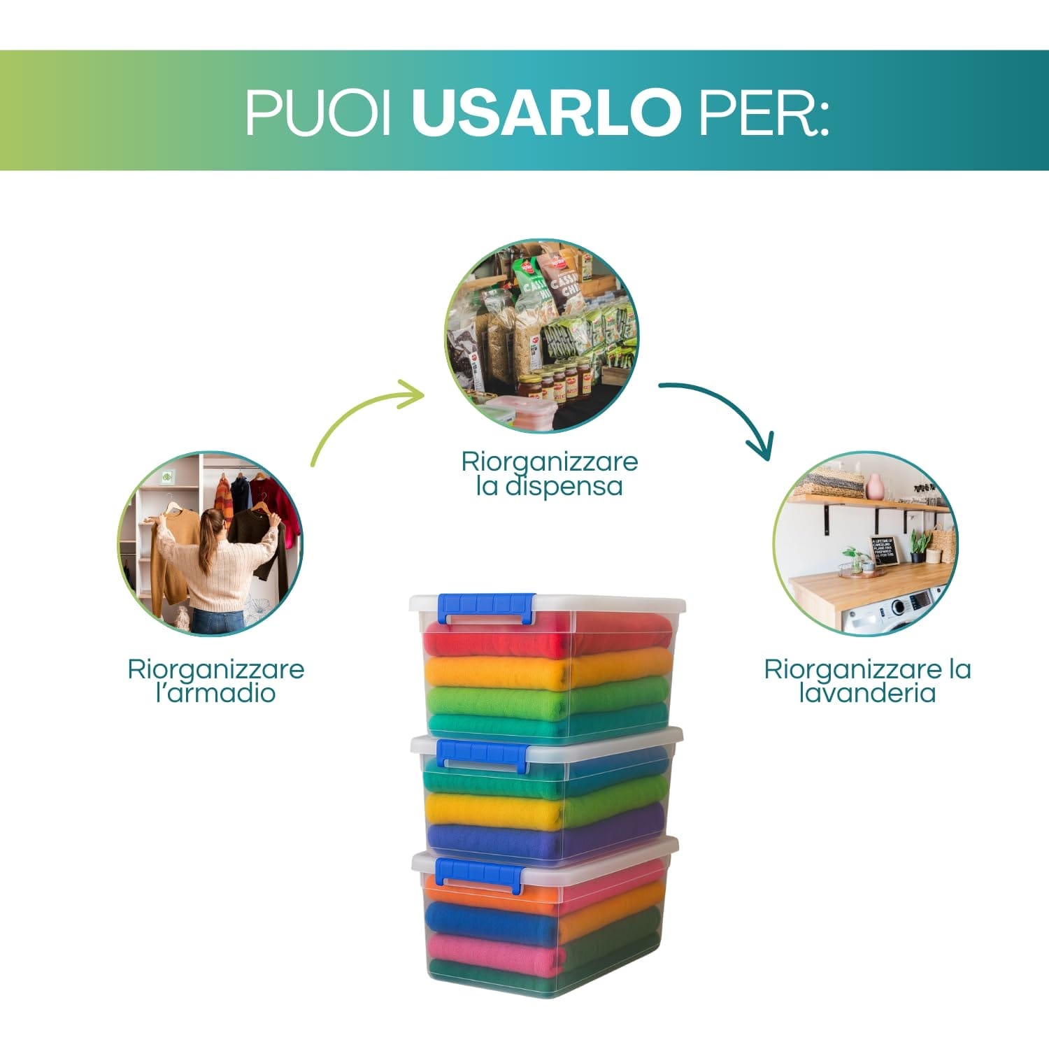 Contenitore multiuso 43 litri plastica trasparente ideale per armadio dispensa lavanderia
