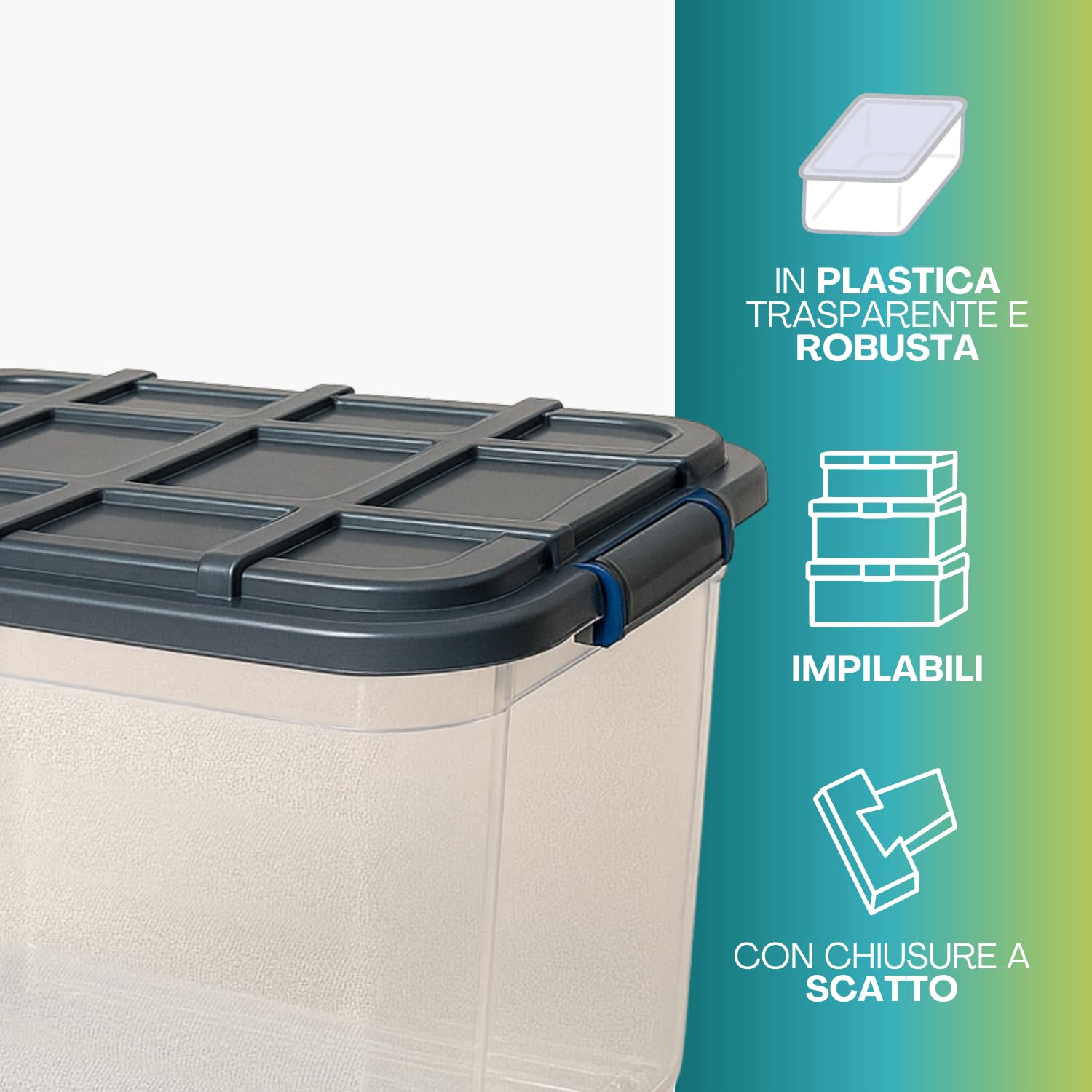Dettaglio coperchio robusto contenitore 59 litri plastica trasparente impilabile