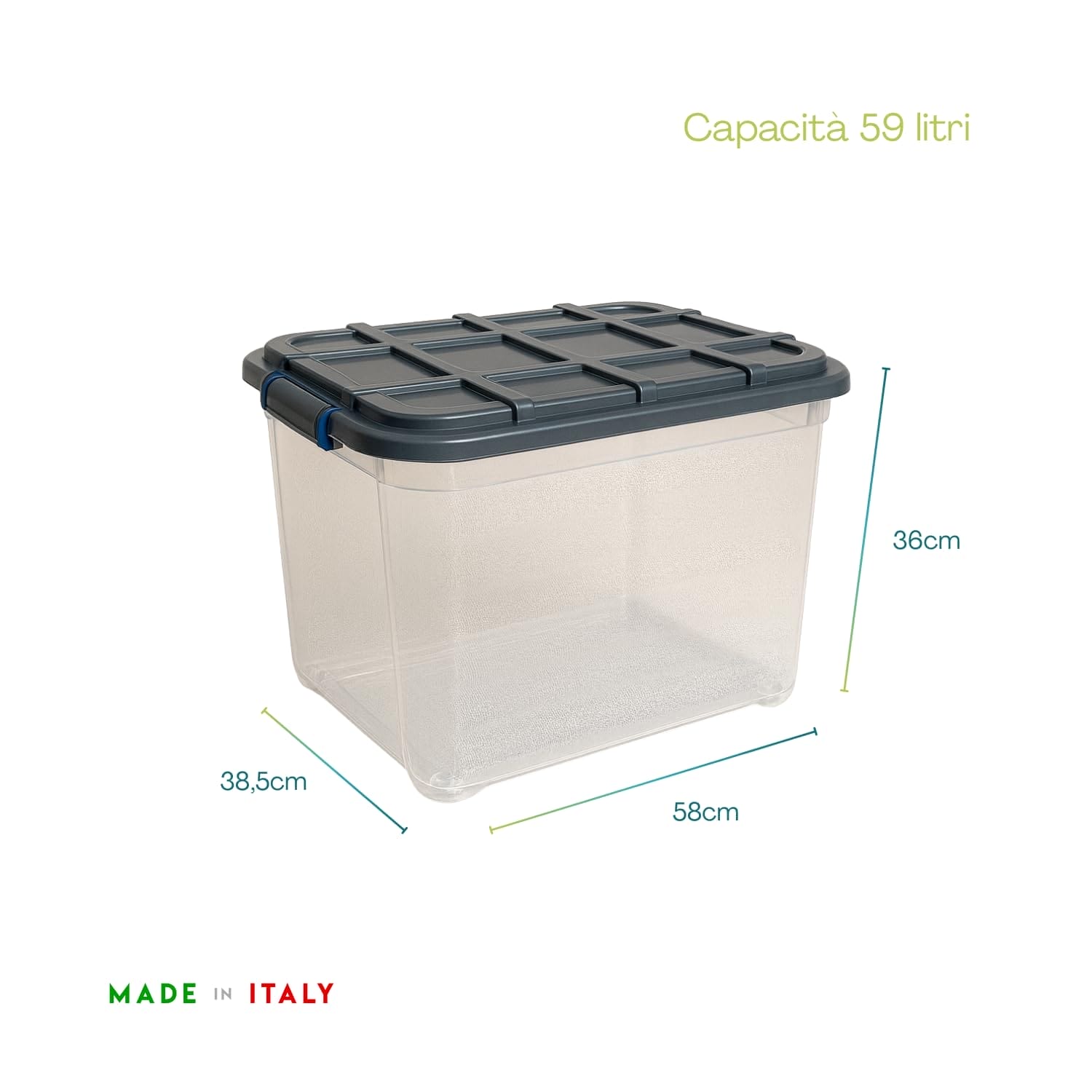 Contenitore plastica 59 litri con misure 58x38,5x36 cm Made in Italy