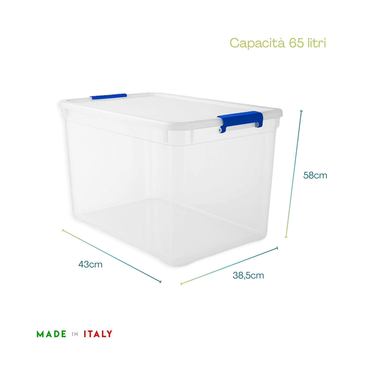 Contenitore 65 litri in plastica trasparente con misure 58x43x38,5 cm Made in Italy