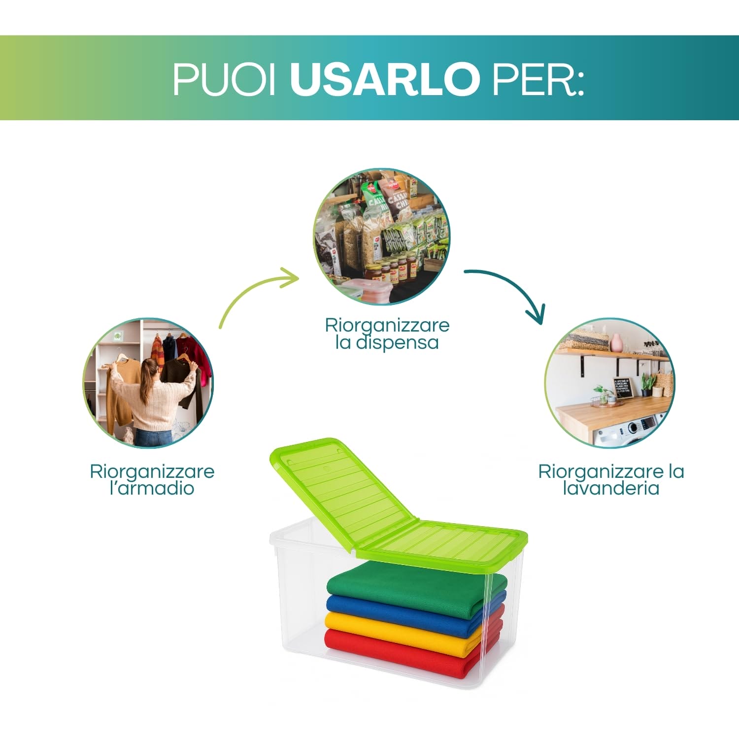 Contenitore plastica trasparente verde ideale per dispensa armadio e lavanderia