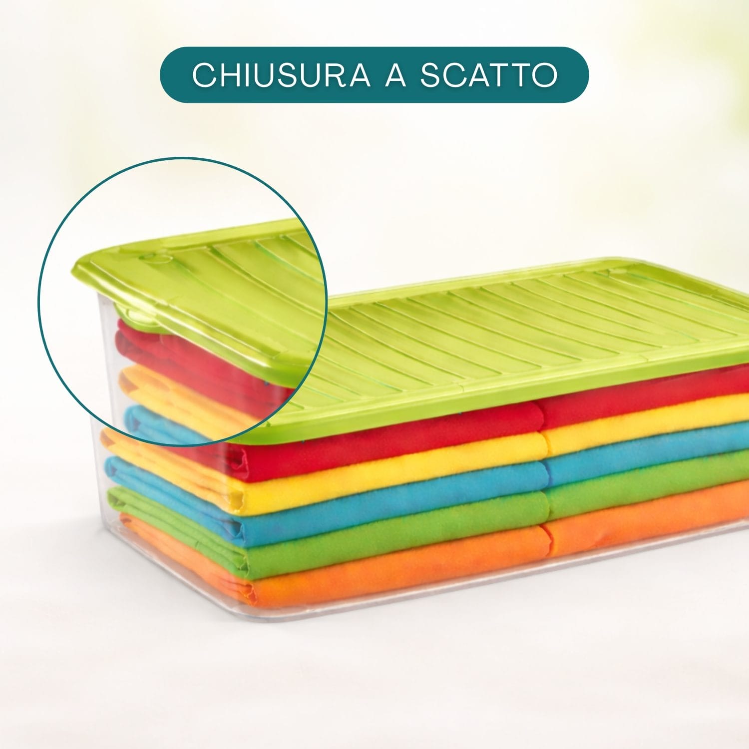 Box contenitore 27L in plastica trasparente con coperchio a scatto, salvaspazio