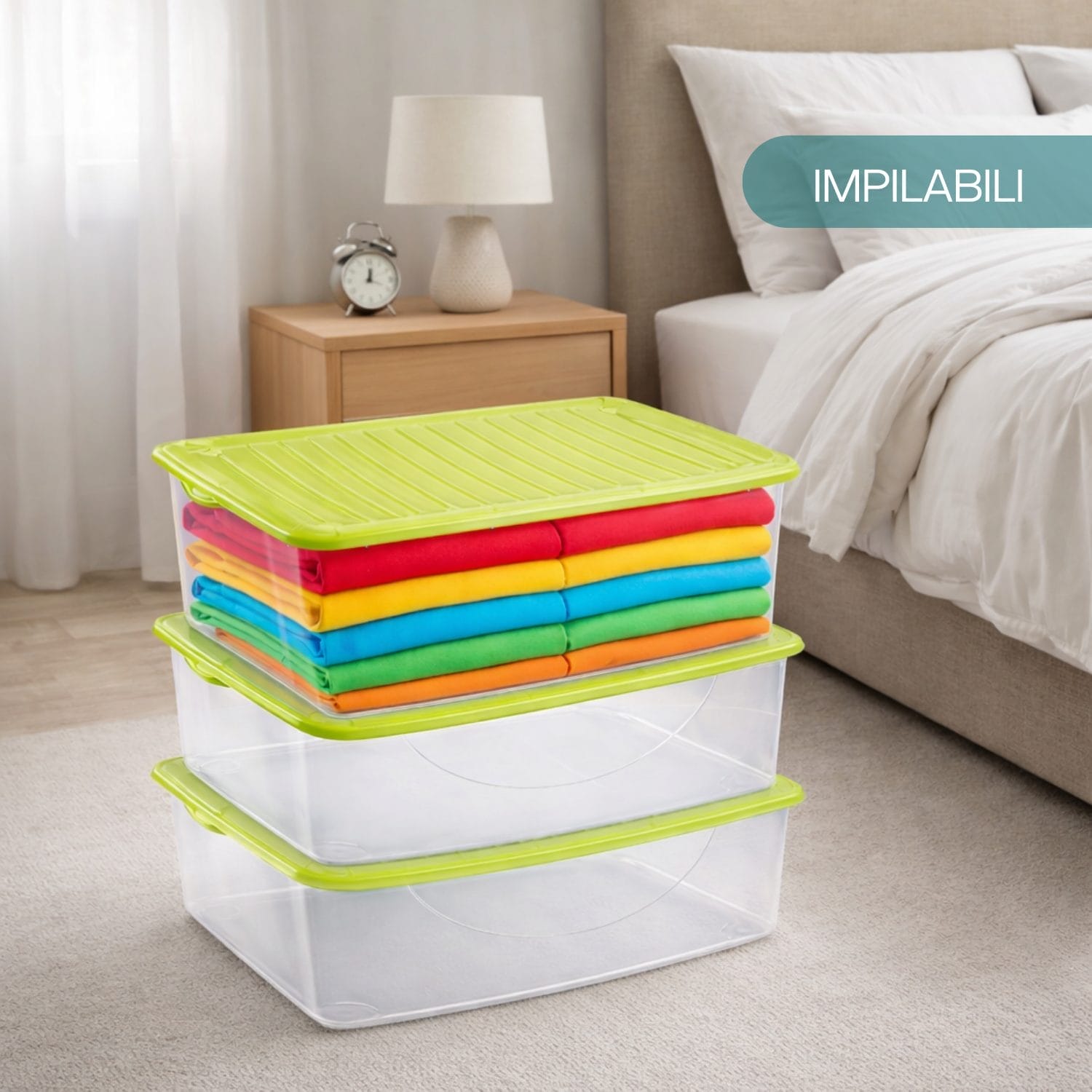 Contenitori impilabili 27 litri con coperchio verde per organizzazione casa