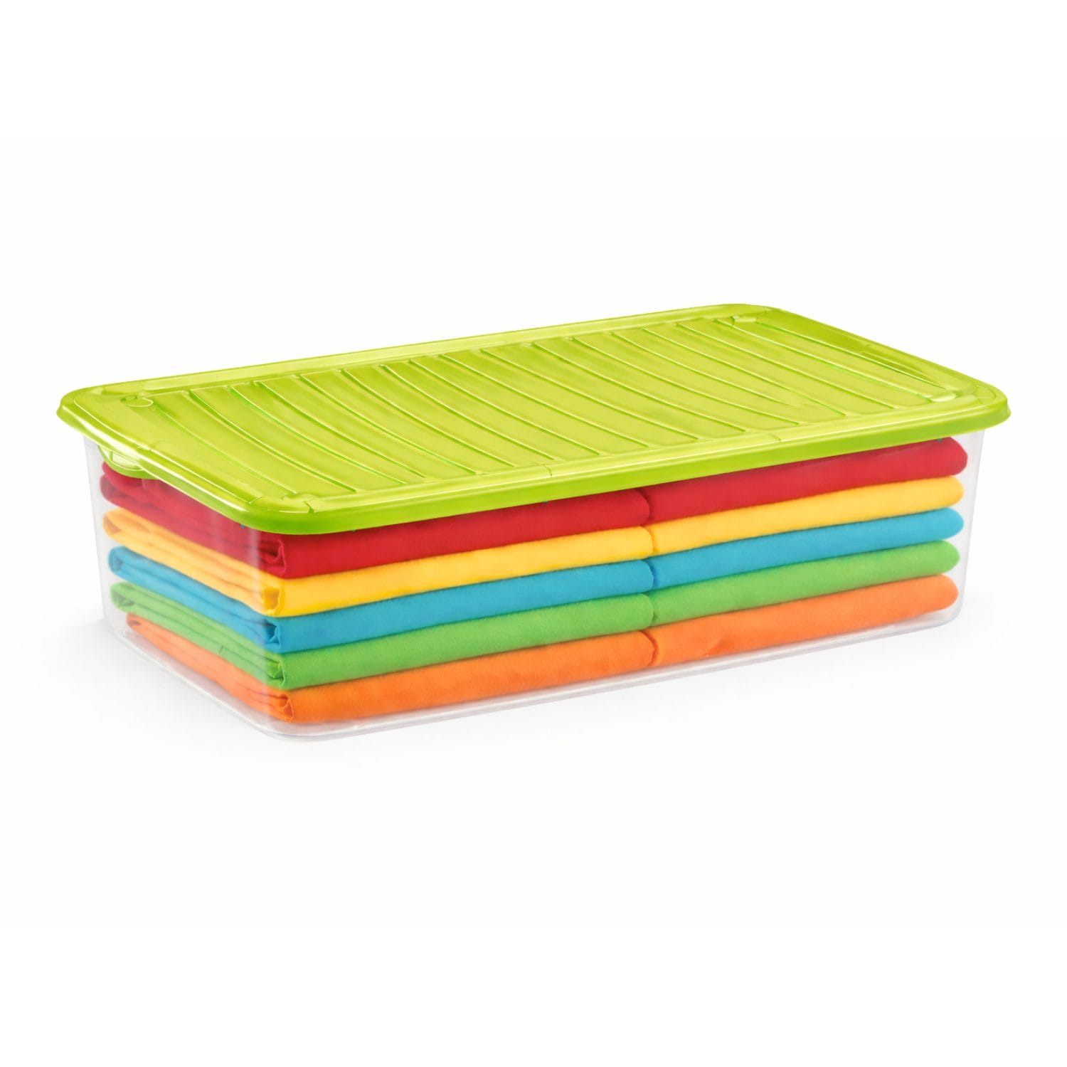 Box contenitore 27L in plastica trasparente con coperchio a scatto, salvaspazio