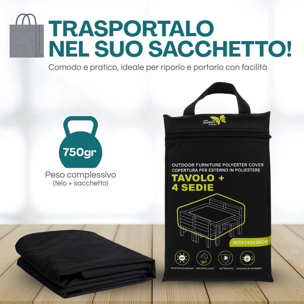Copertura tavolo e 4 sedie in poliestere con sacchetto da trasporto 750 grammi