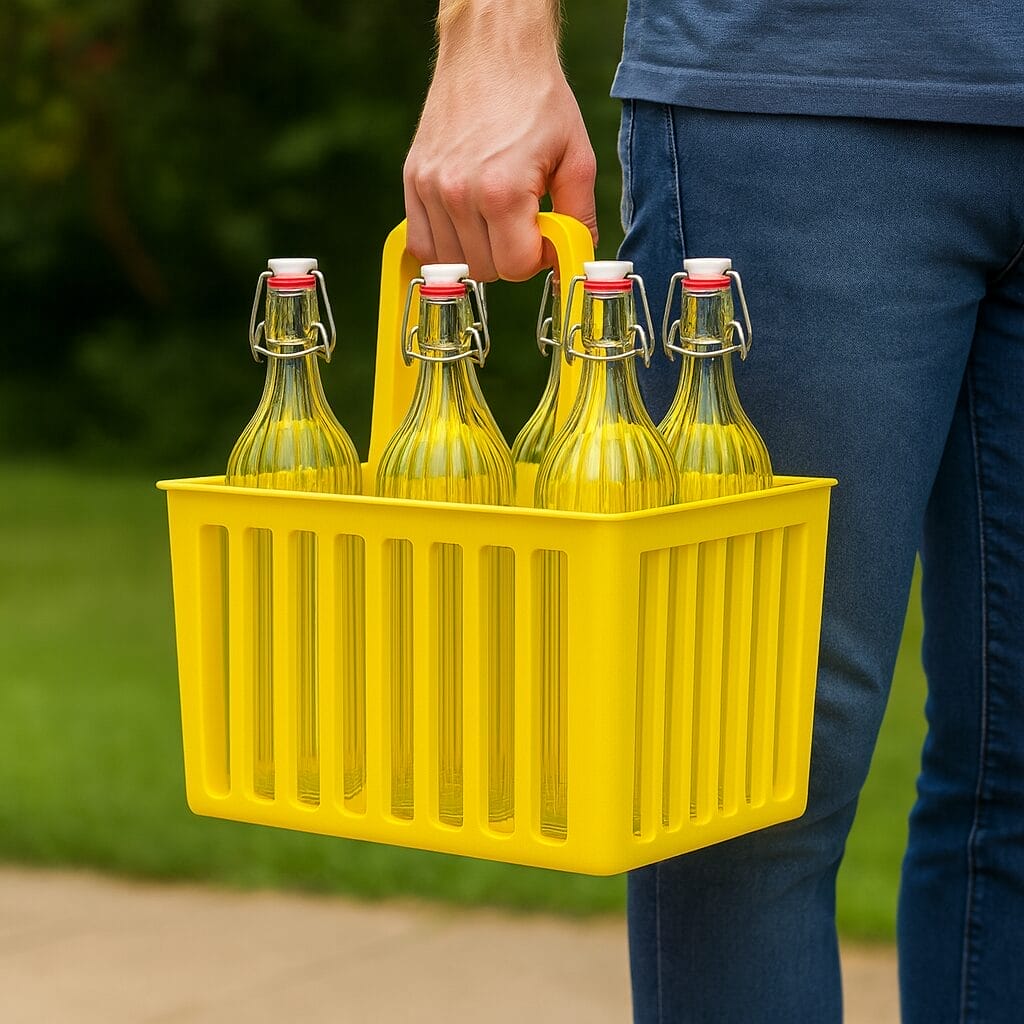 portabottiglie giallo con 6 bottiglie in vetro tappo meccanico