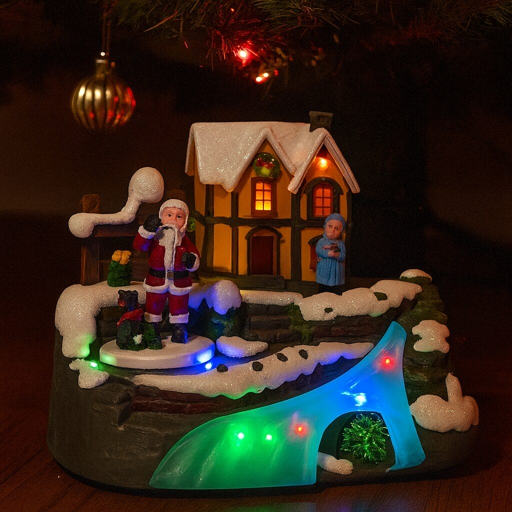 villaggio natalizio luminoso con Babbo Natale, casa innevata e luci LED multicolore