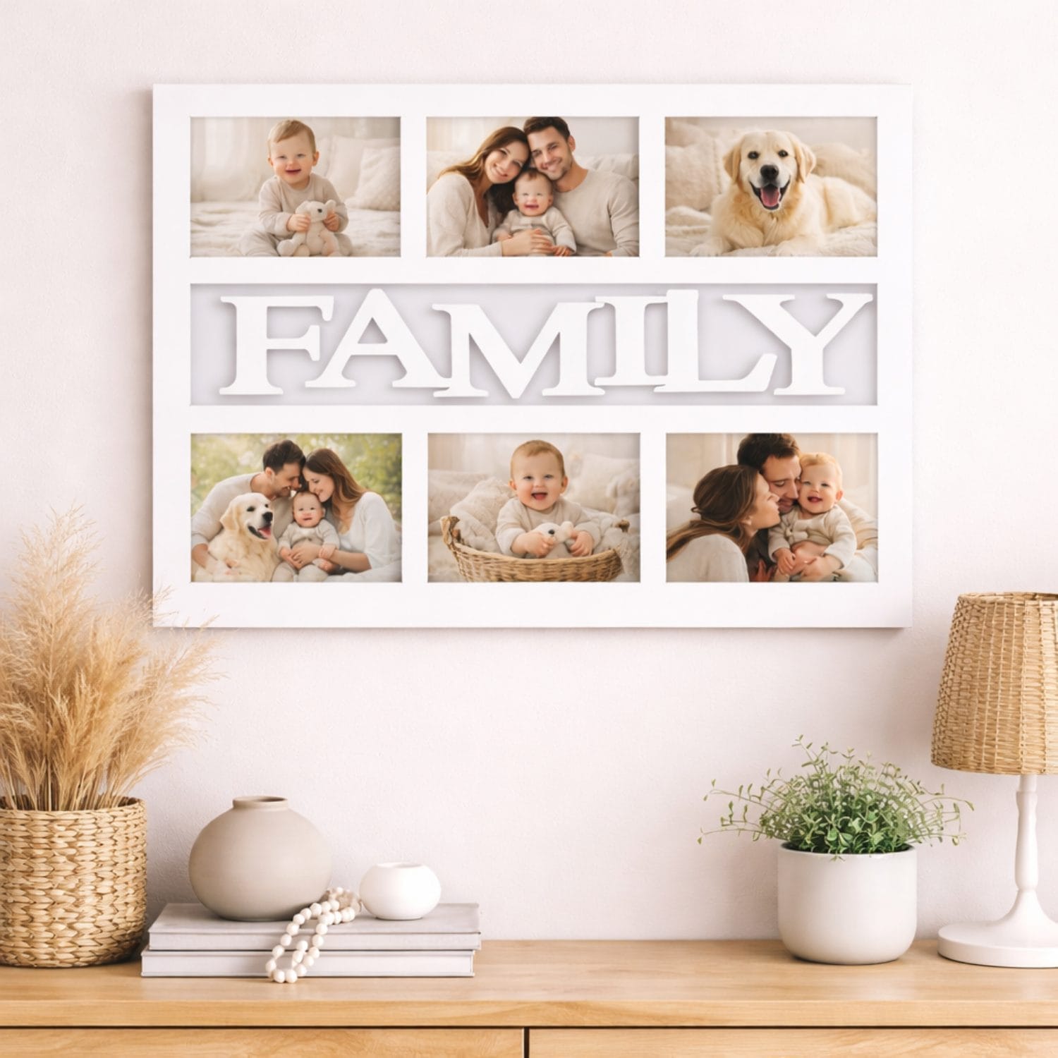 Cornice FAMILY multifoto bianca da parete con 6 fotografie inserite