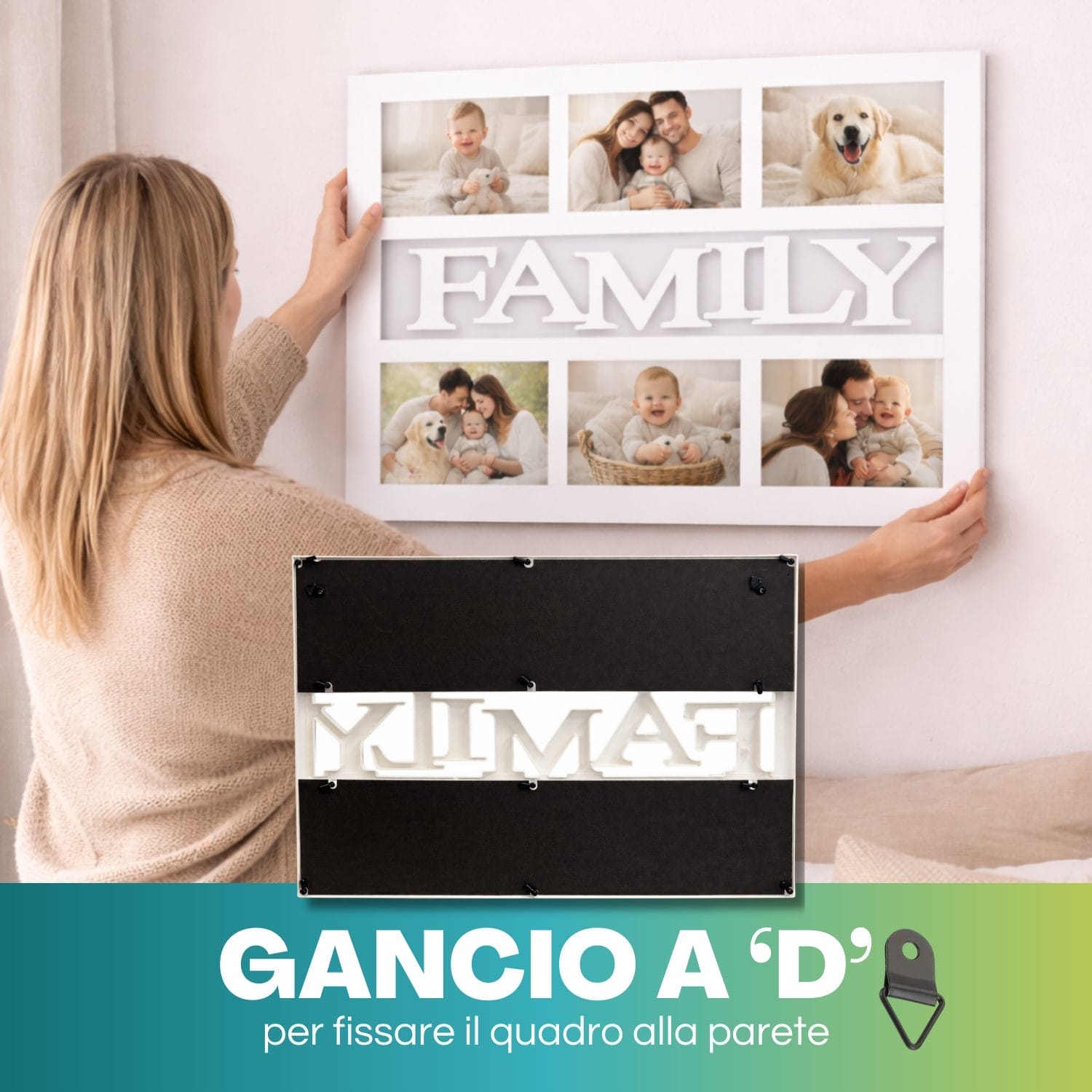 Cornice multifoto FAMILY con gancio a D per fissaggio a parete