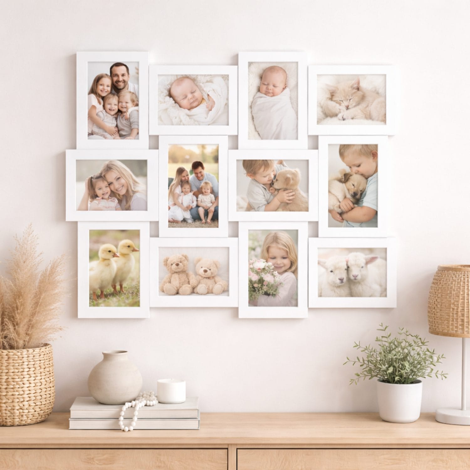 Cornice multifoto bianca da parete con 12 fotografie inserite