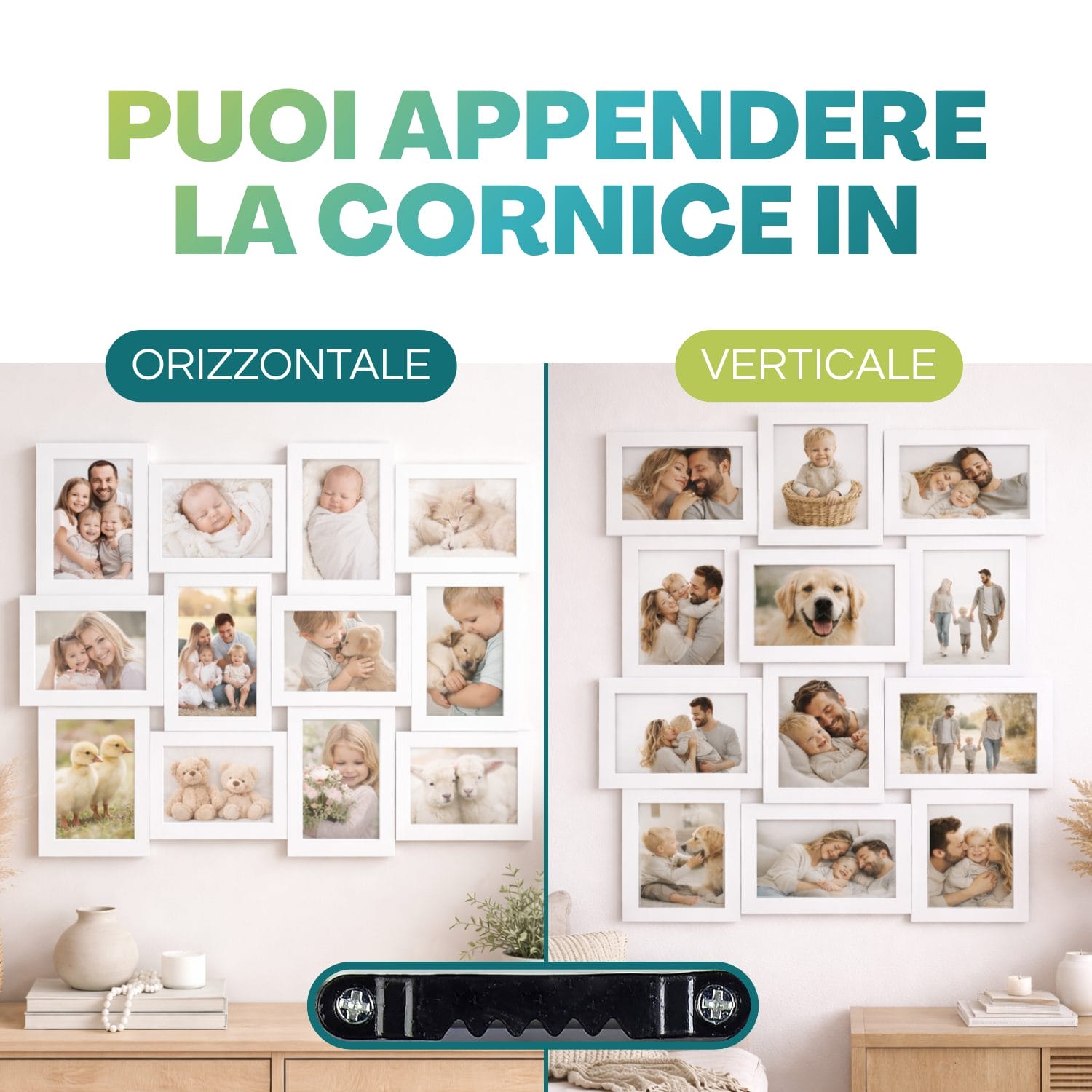 cornice multifoto dettagli Cornice multifoto con possibilità di montaggio orizzontale o verticale
