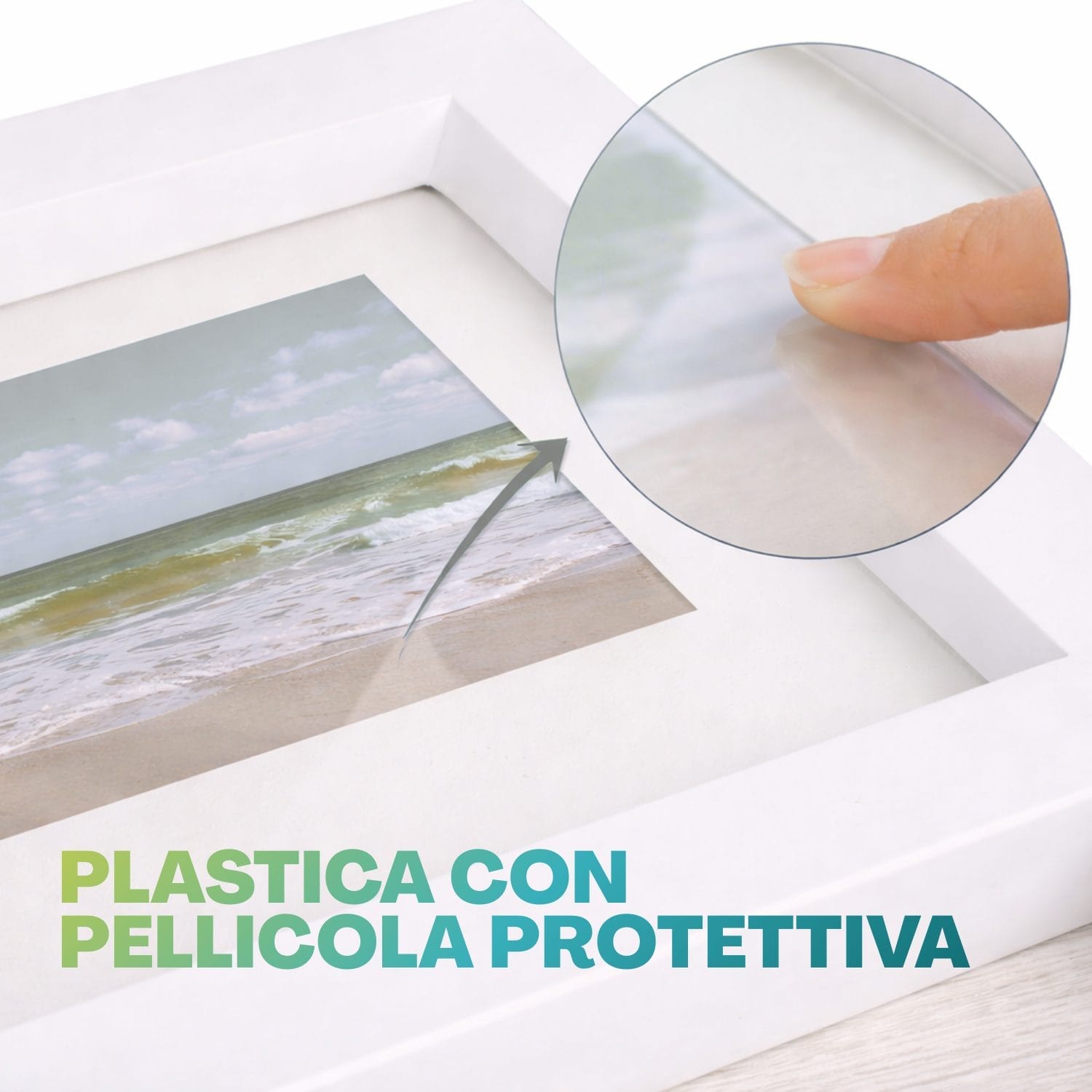 Dettaglio cornice multifoto con pellicola protettiva in plastica infrangibile