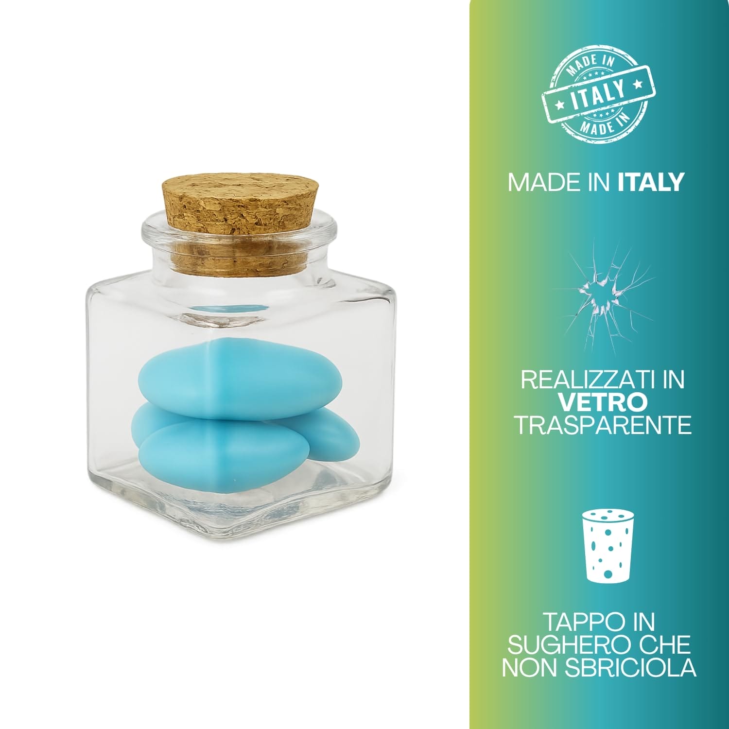 Bomboniera vetro trasparente Made in Italy con tappo sughero e confetti azzurri
