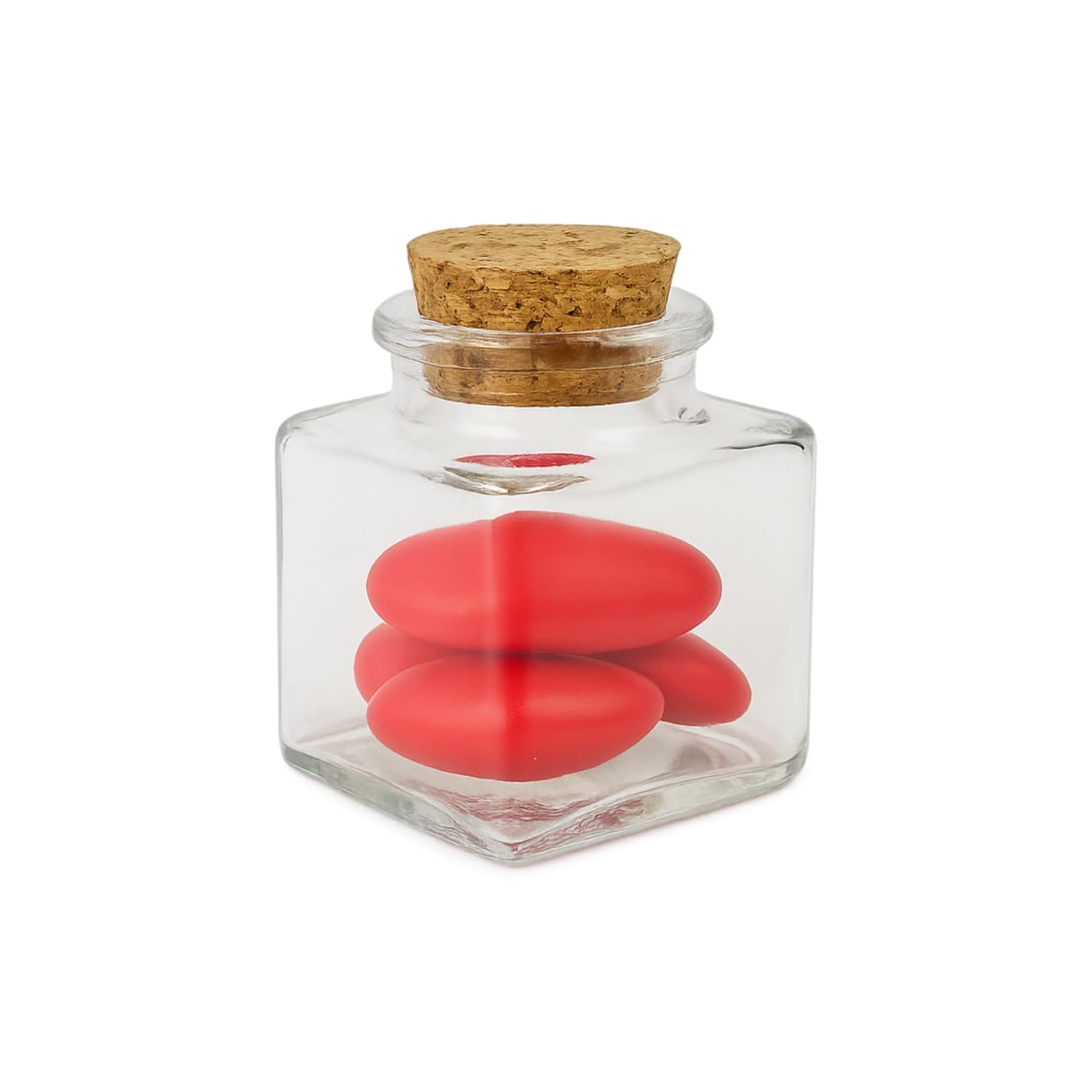 Barattolo vetro bomboniera con tappo sughero e confetti rossi