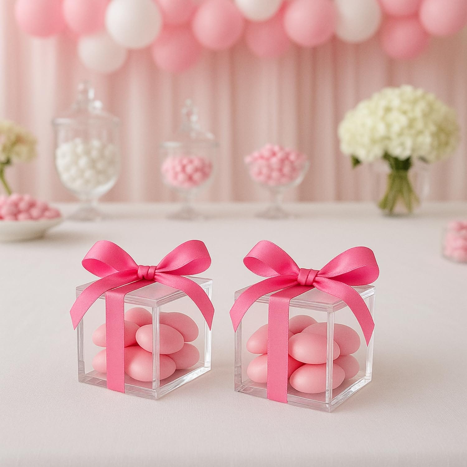 Scatoline plexiglass con fiocco rosa e confetti, perfette per battesimi e nascite
